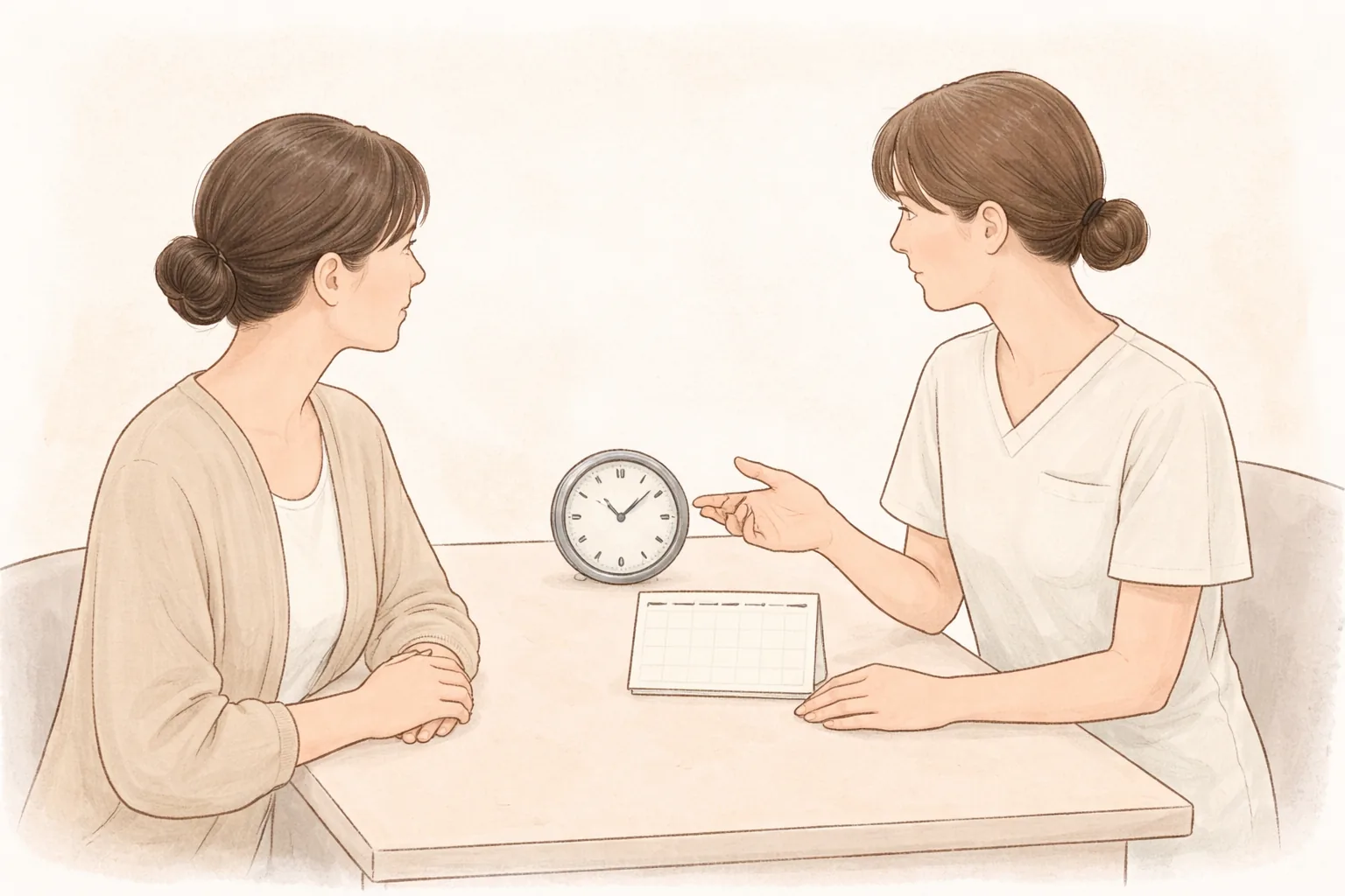 카운터에서 이야기하는 여성과 의료진, 탁자 위 시계와 일정표