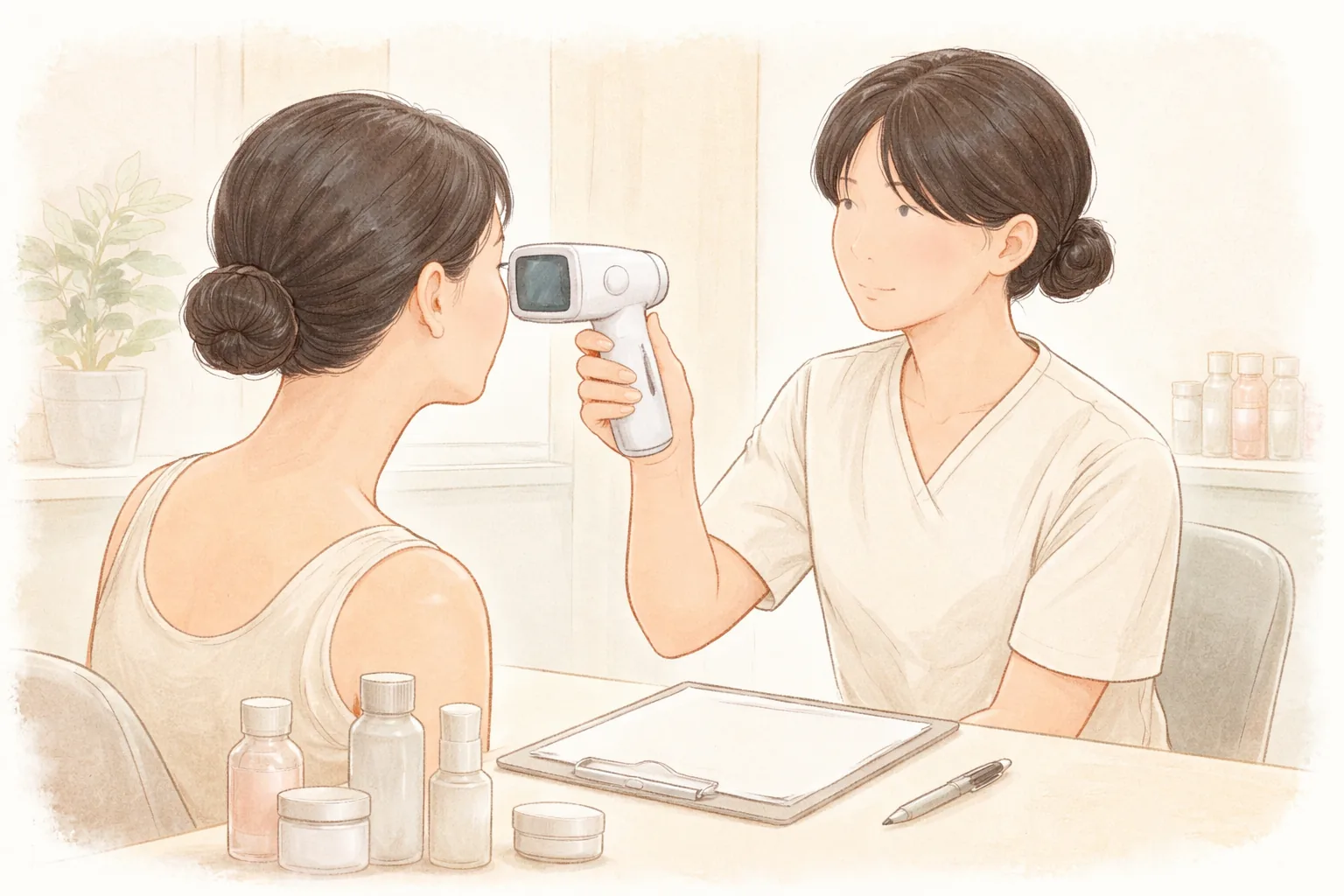 Personal médico sosteniendo una cámara de análisis de piel cerca del rostro de la paciente