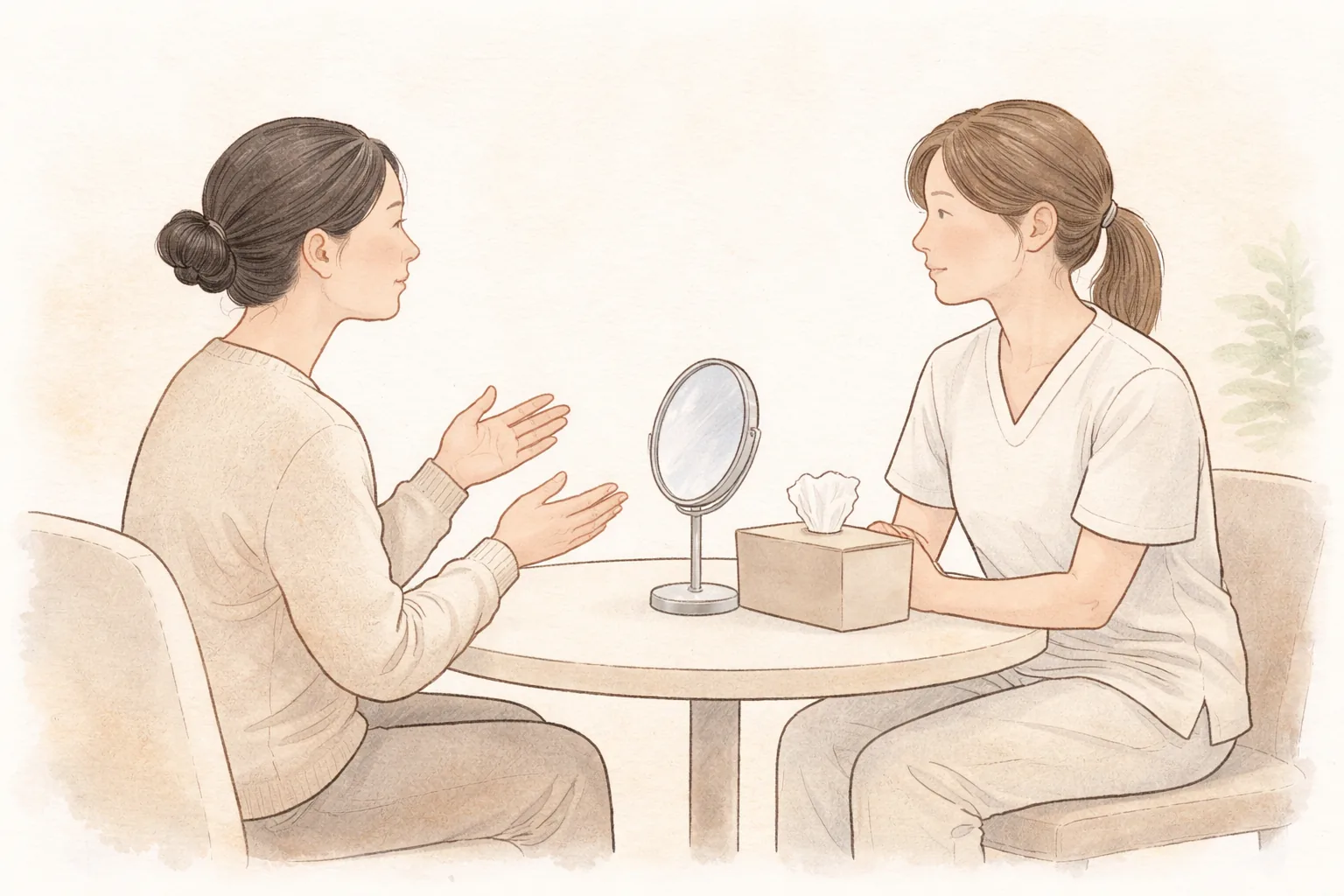 Profesional de salud y paciente sentados frente a frente conversando en una mesa pequeña
