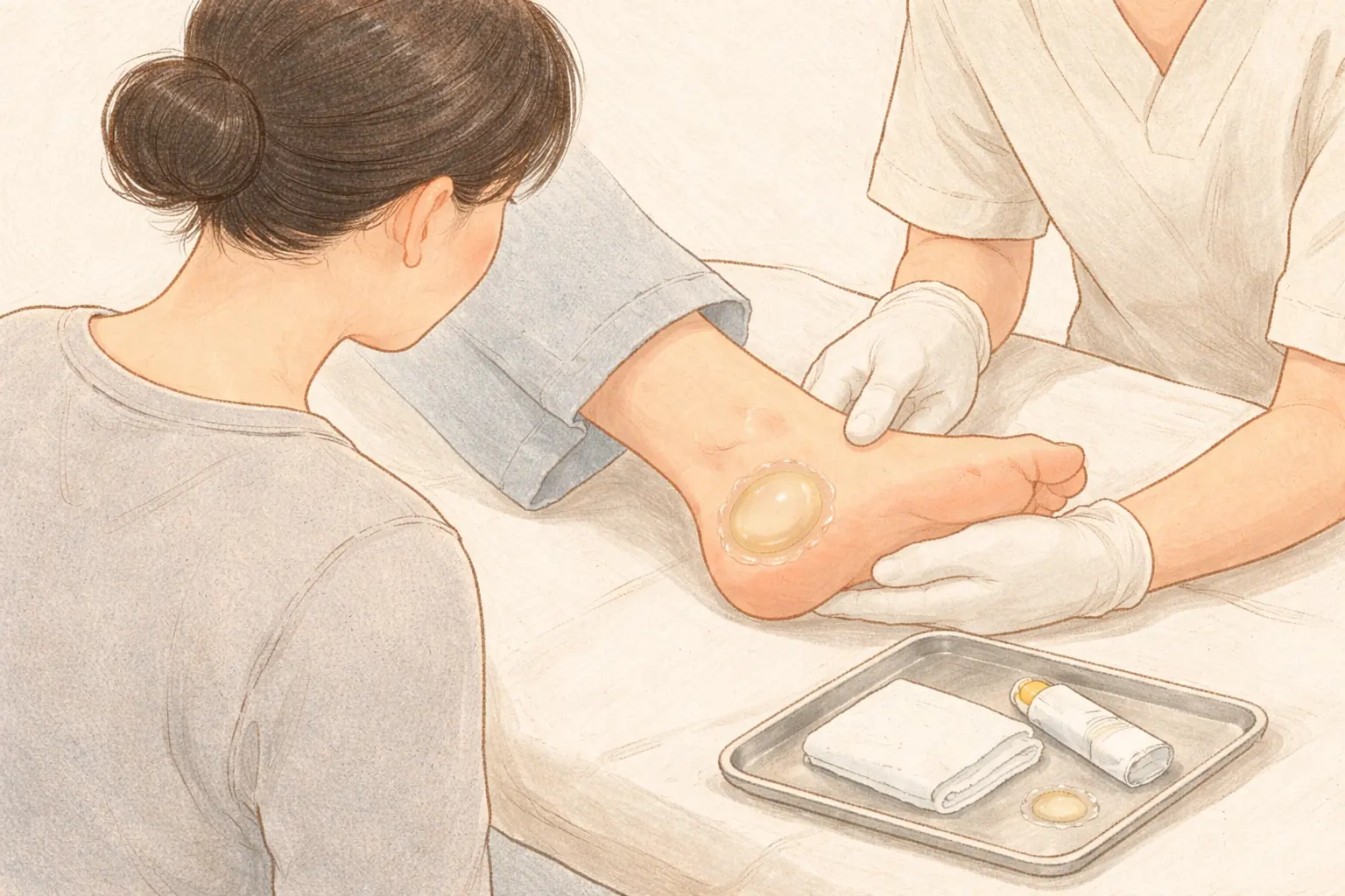 장갑 낀 의료진이 여성 발뒤꿈치의 물집 옆을 치료하고 있다