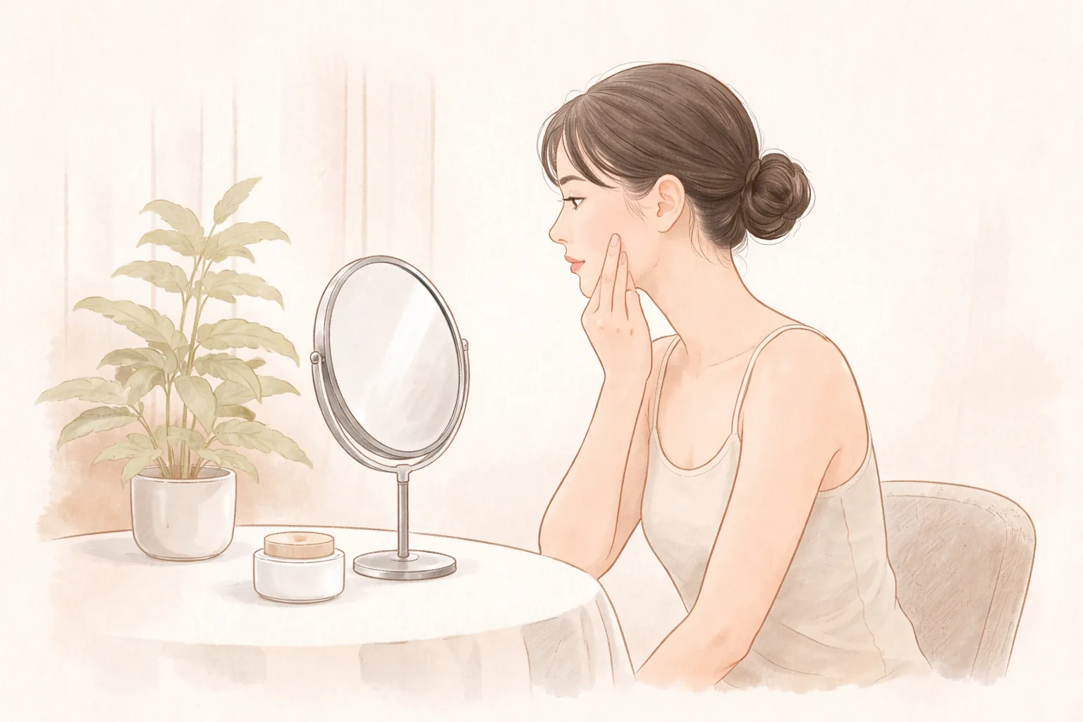 테이블에 놓인 거울을 보며 얼굴에 손가락을 대고 있는 여성