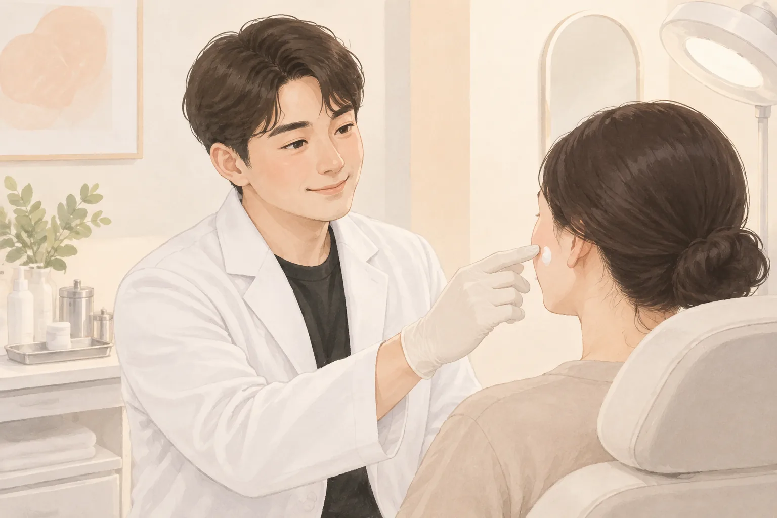 장갑을 낀 남성이 환자의 볼에 보습제를 바르고 있음