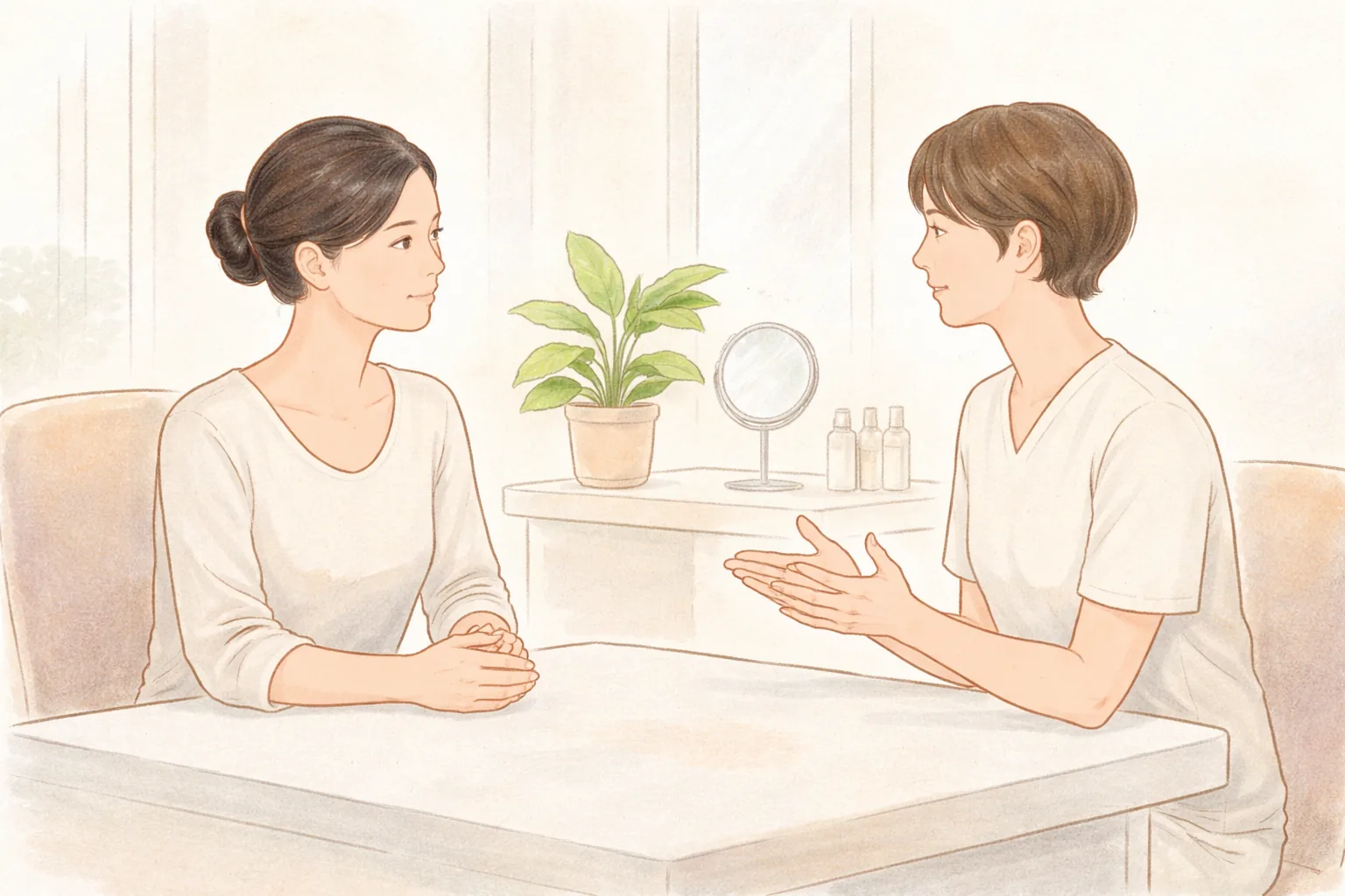 白いトップスを着た二人の女性がテーブルを挟んで向かい合い話している様子