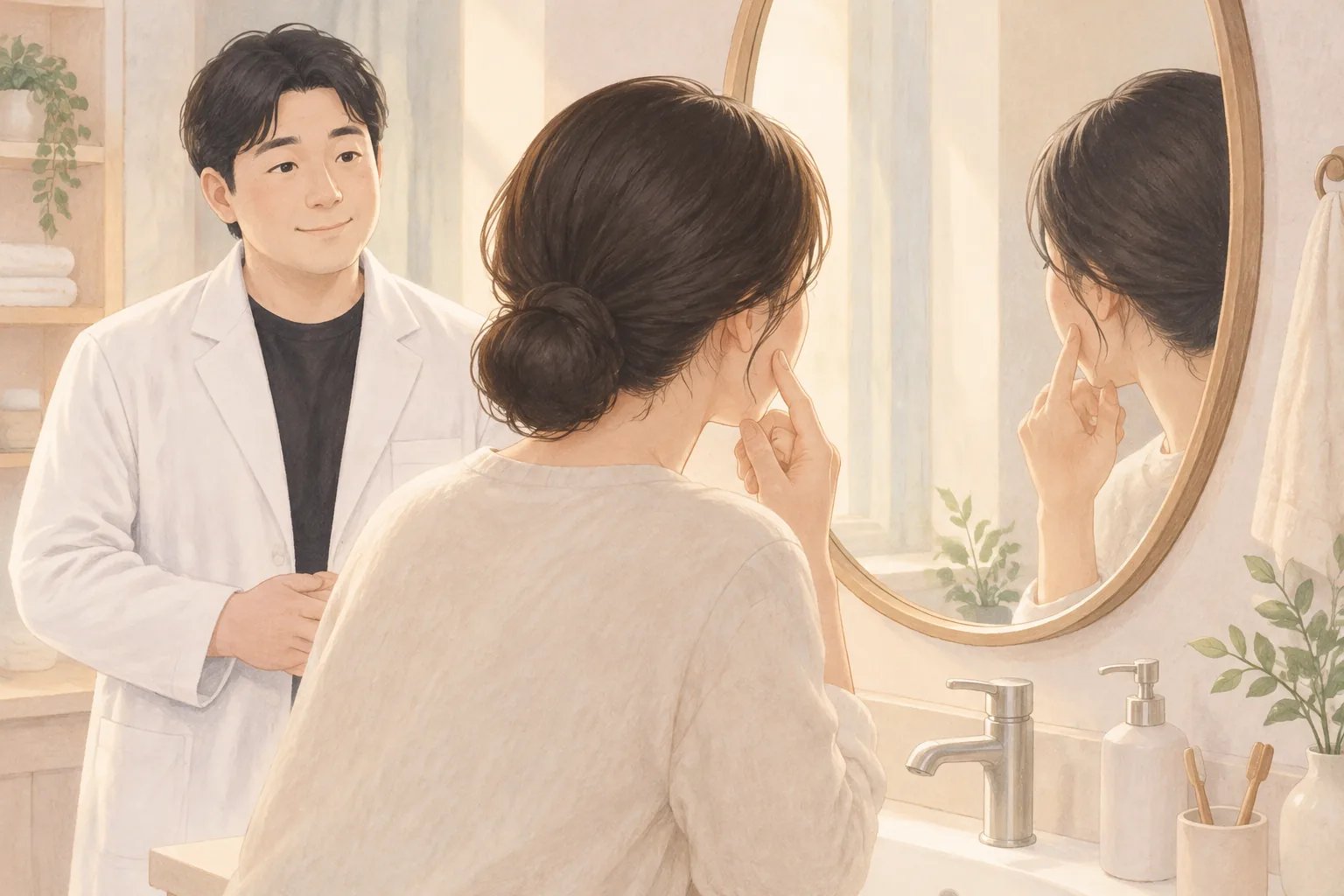 鏡の前で指先で頬を確認する女性と後ろから見る男性