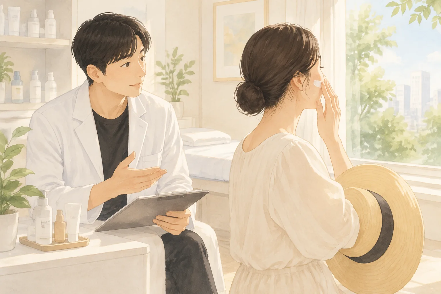 남자가 환자에게 설명하며 태블릿을 들고 있고 여자가 창가에서 자외선 차단제를 바름
