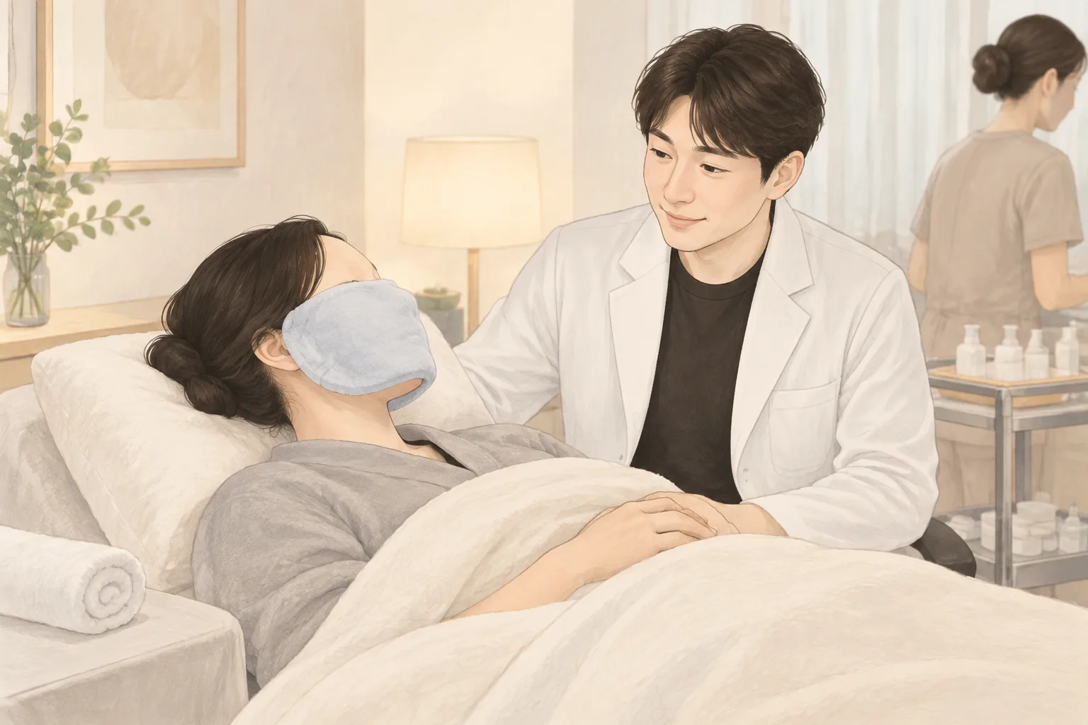 환자가 침대에 누워 눈을 감고 있고, 의료진이 환자의 볼에 찜질팩을 올리고 있음