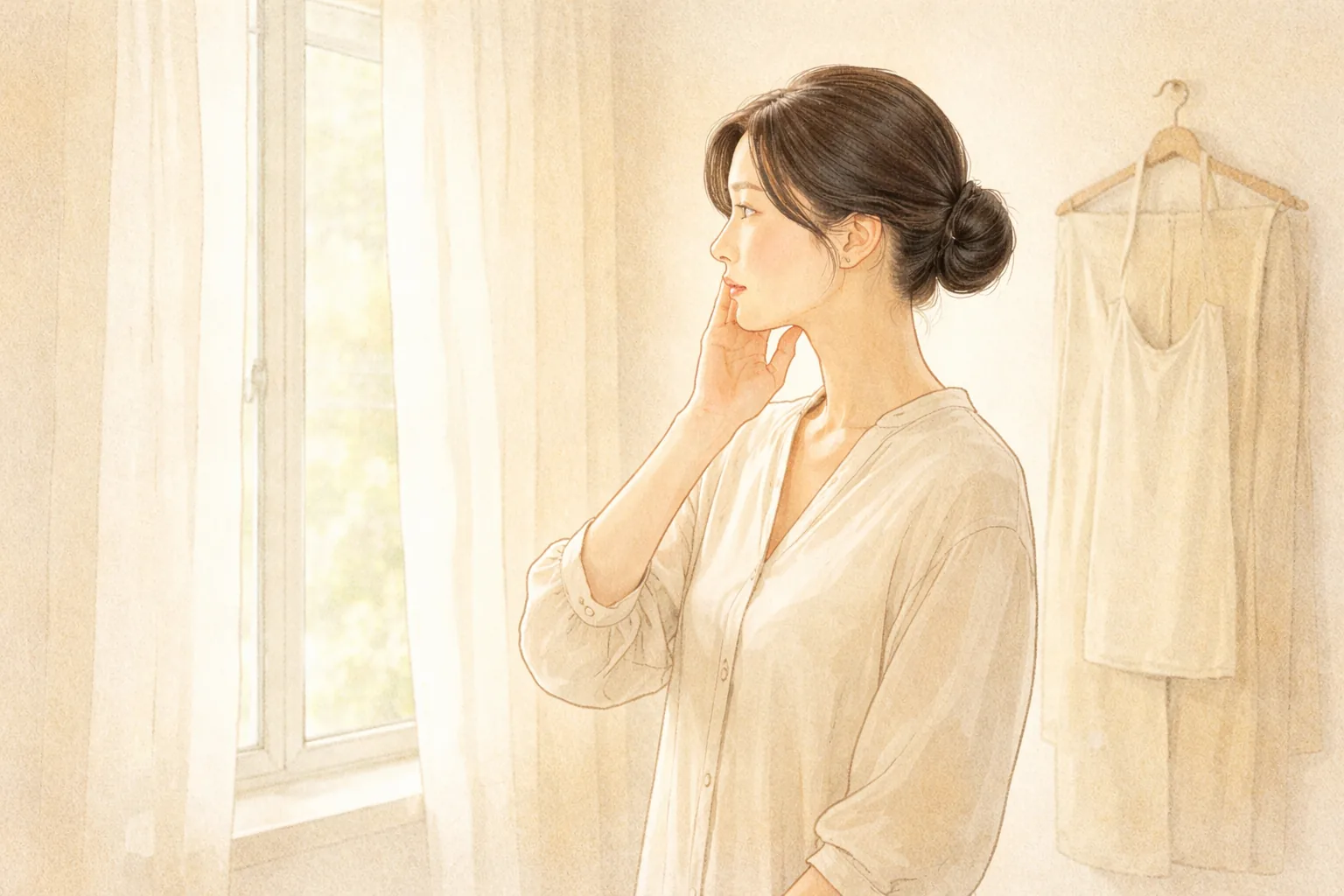 Woman standing by a window with a hand on her chin, clothes and bags behind her
