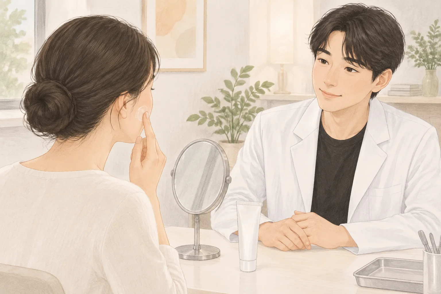 Wanita duduk berhadapan dengan dokter dan mengoleskan salep ke pipi di depan cermin, tabung putih di meja
