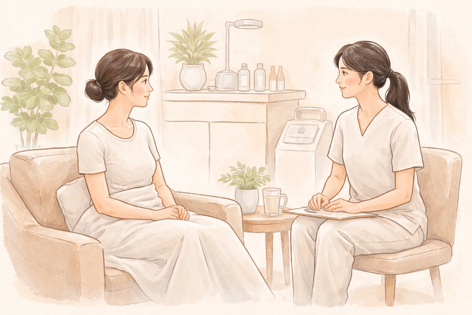 两位女性在休息室沙发上面对面交谈