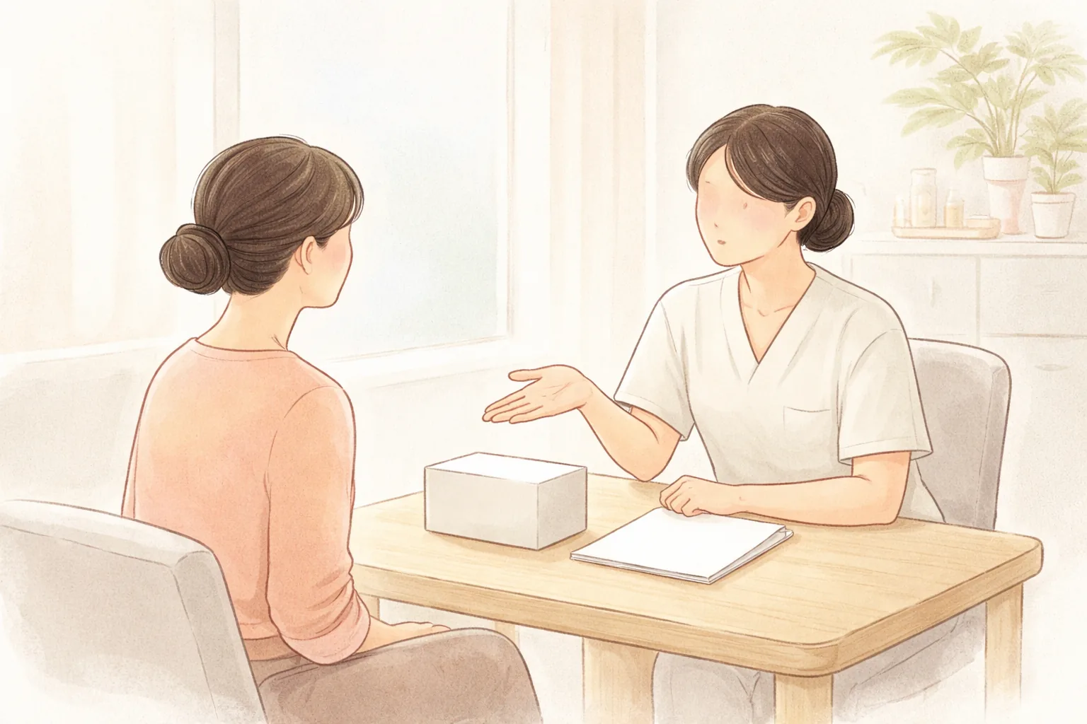 밝은 상담실에서 의료진이 여성에게 상자를 가리키며 설명하는 모습