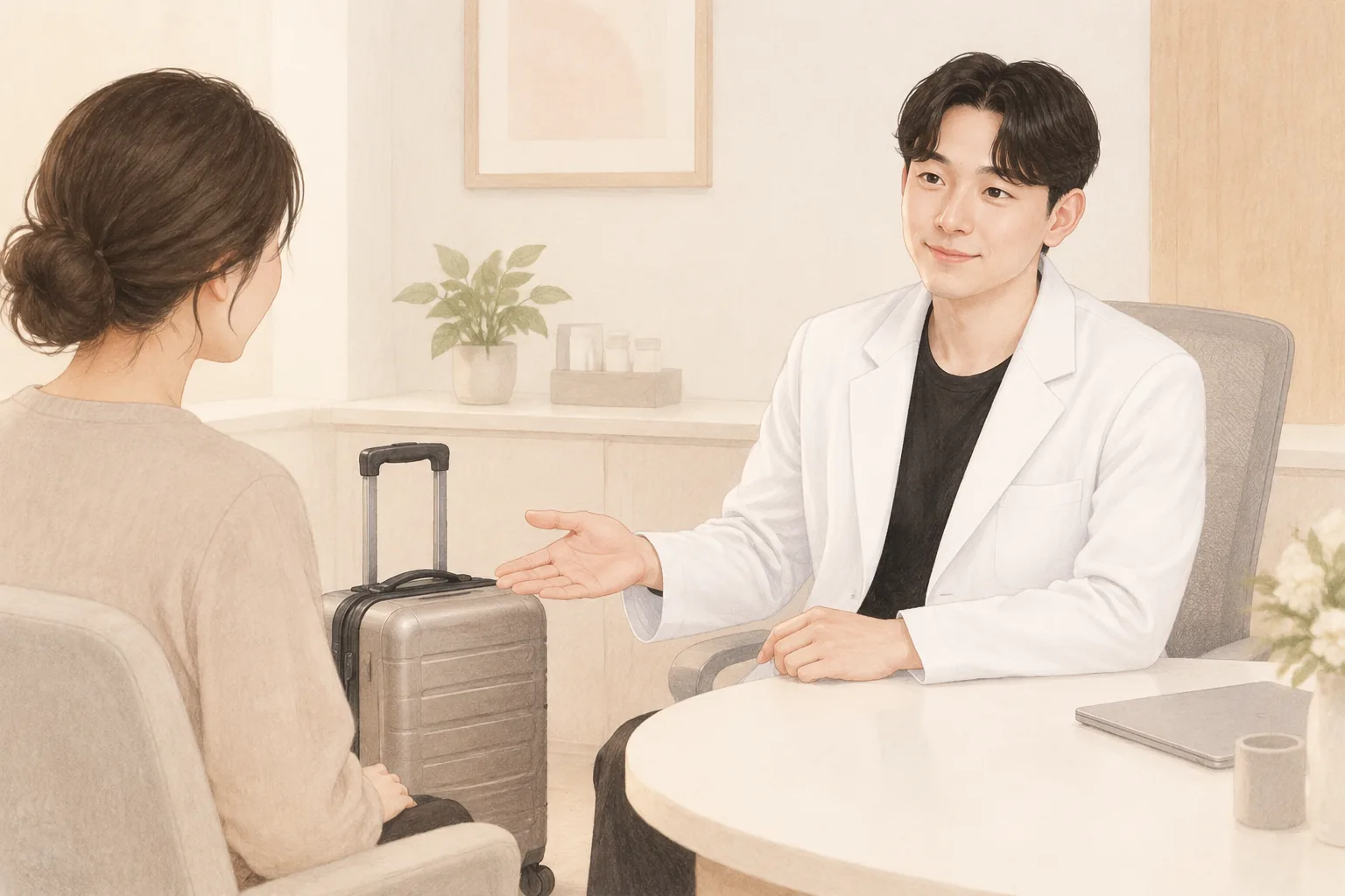女性坐在行李箱旁，與穿白袍的男性諮詢