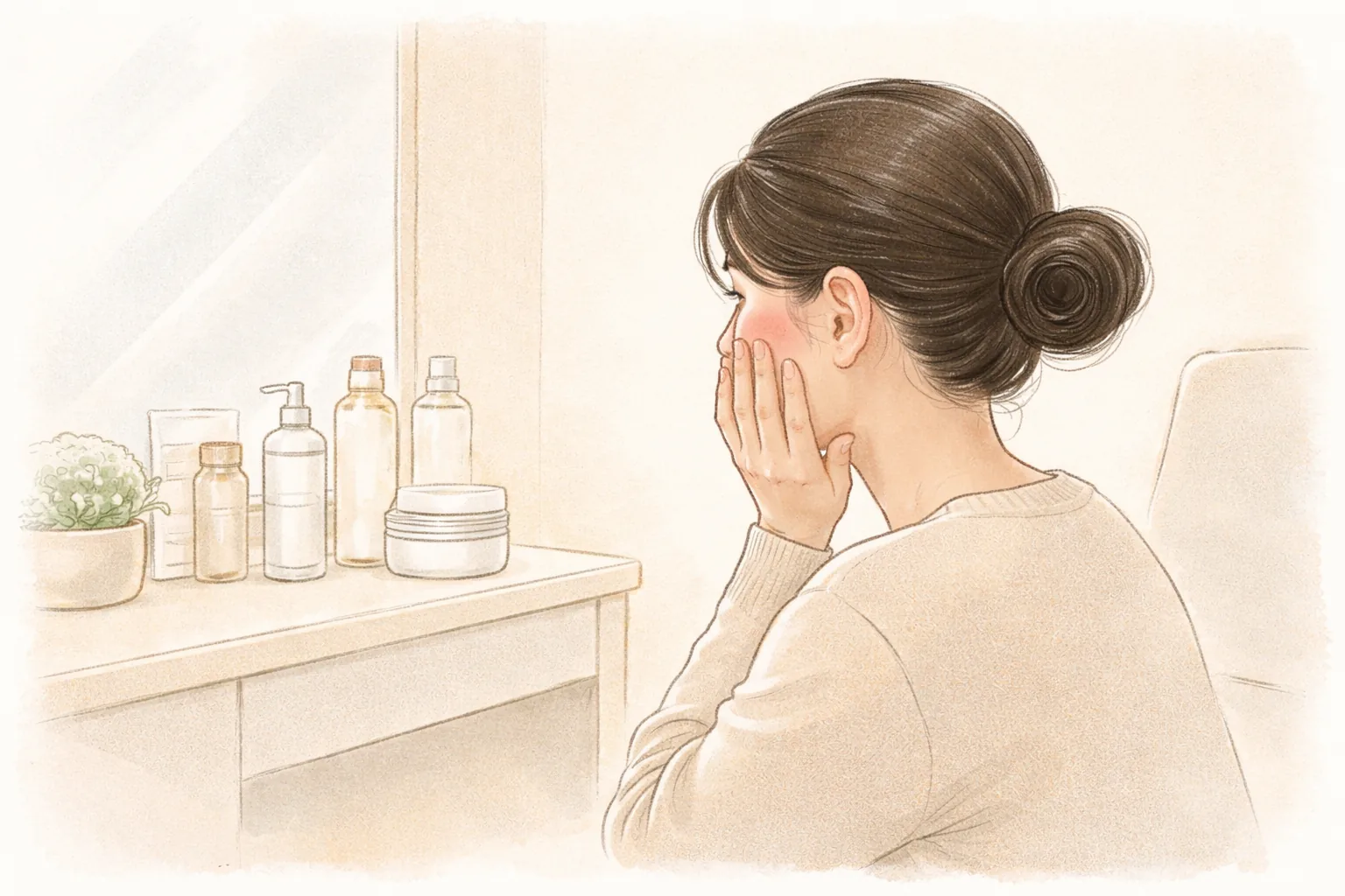 Woman with tied-up hair sitting at a desk with a palm on her flushed cheek
