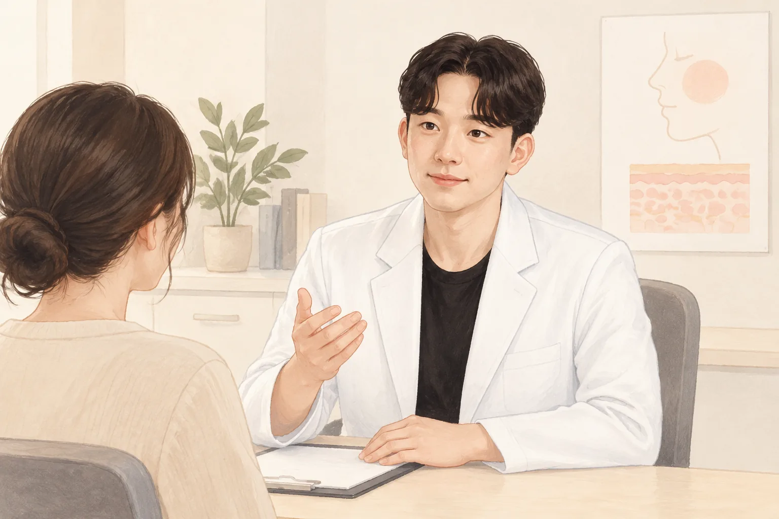 상담실에서 여성 환자에게 설명하며 손짓하는 남성 의사