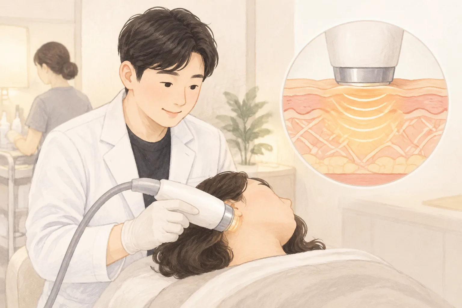 男性が女性の顔に機器接触施術する場面と皮膚断面の拡大像