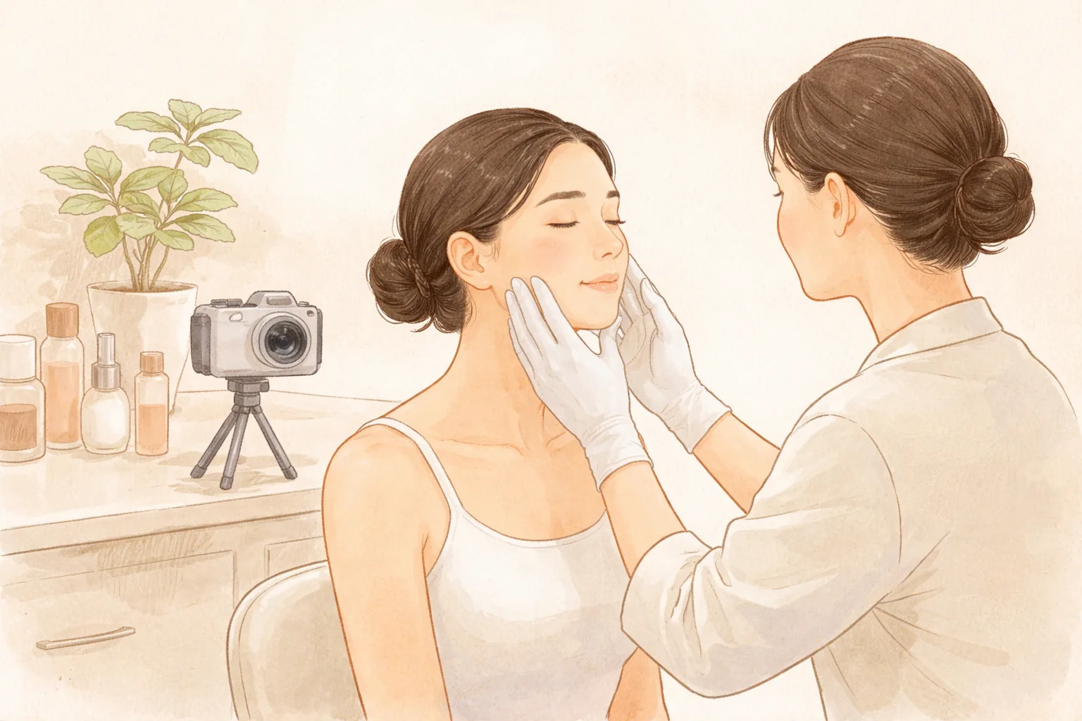 医療スタッフが女性患者の頬を手で確認する様子