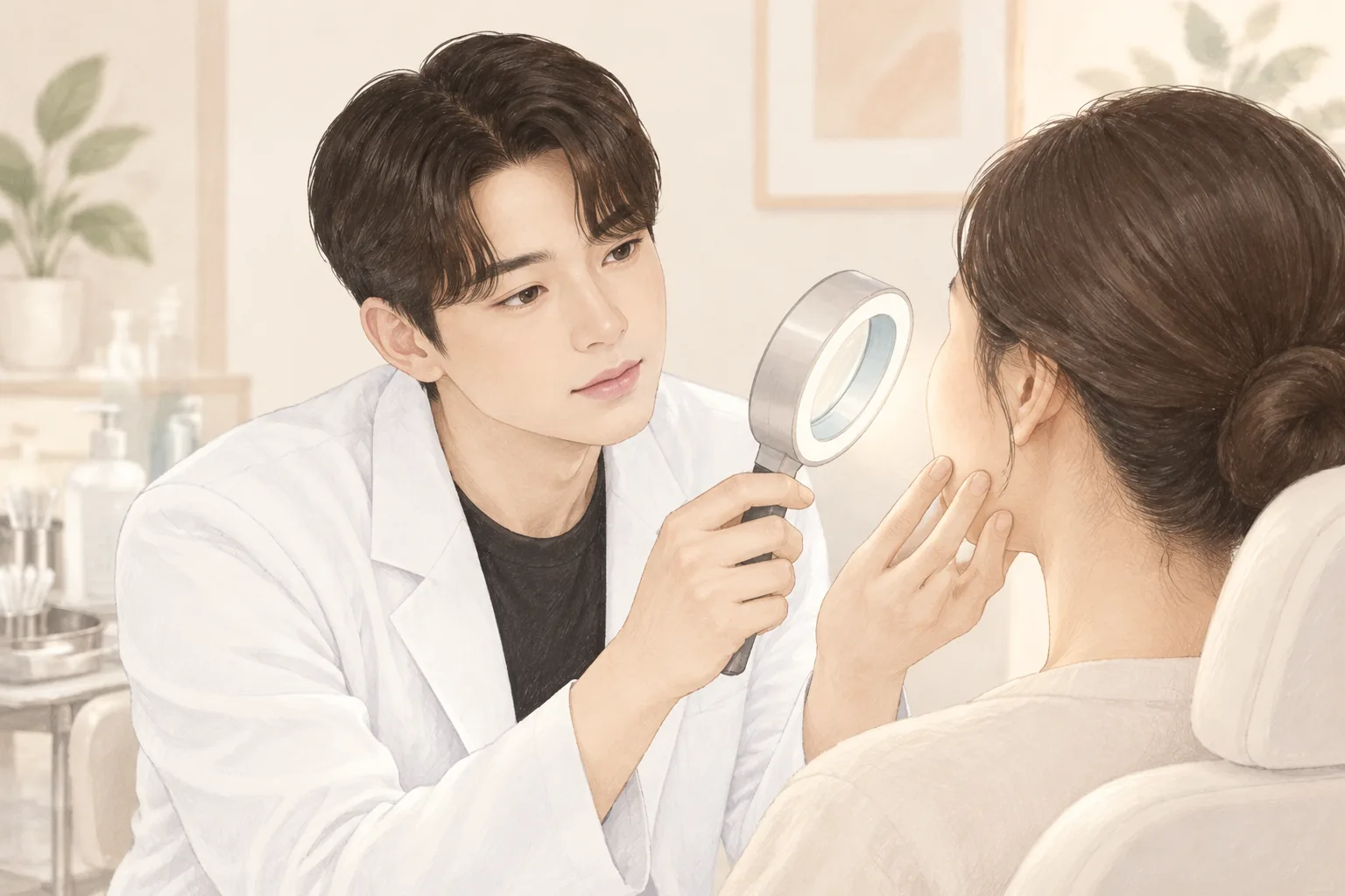 돋보기 조명을 들고 환자의 볼을 살피는 남성 의사와 의자에 앉아 있는 여성 환자