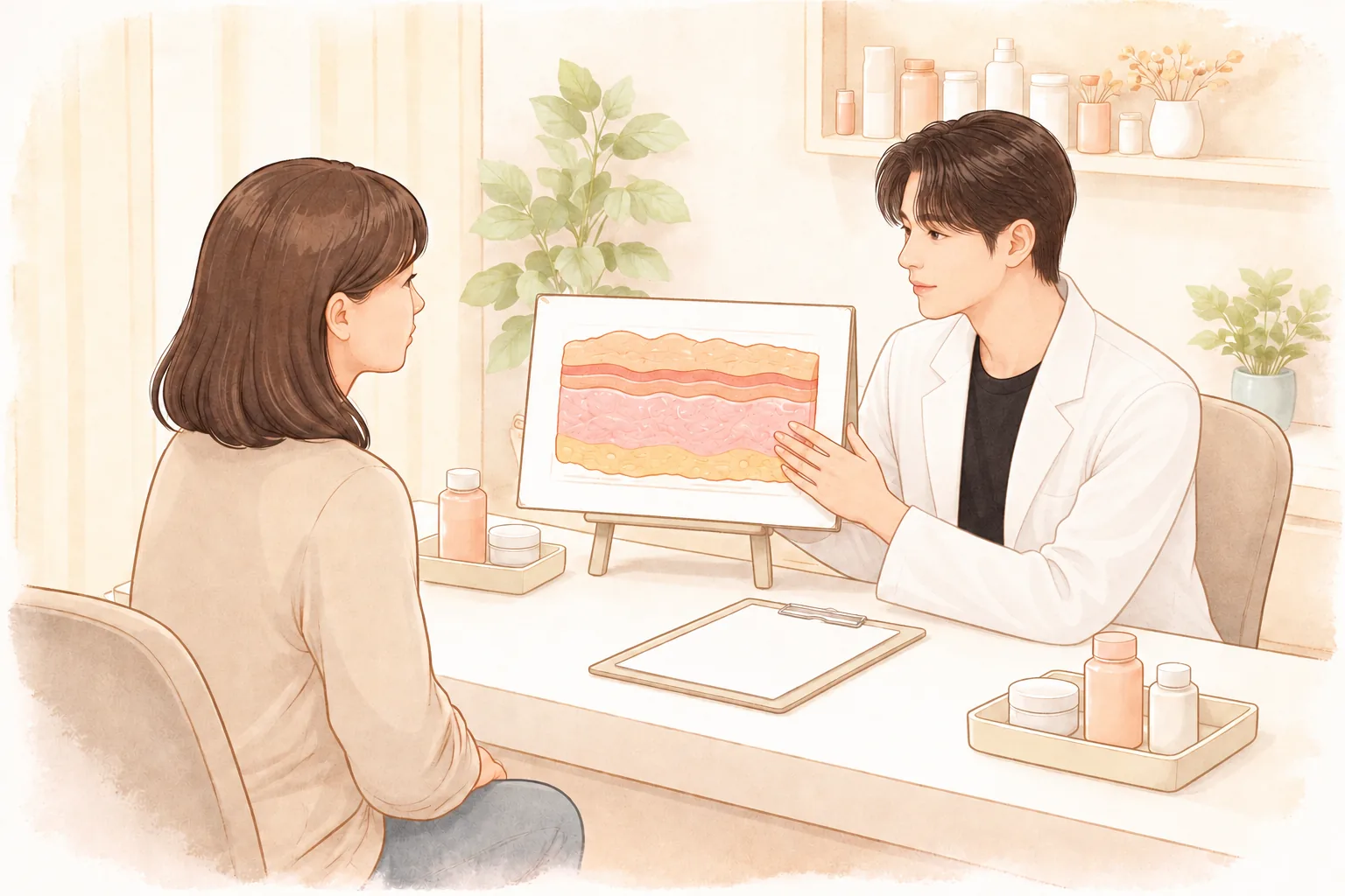 상담 테이블에 앉아 피부 단면 사진을 보여주며 설명하는 의료진과 듣는 여성