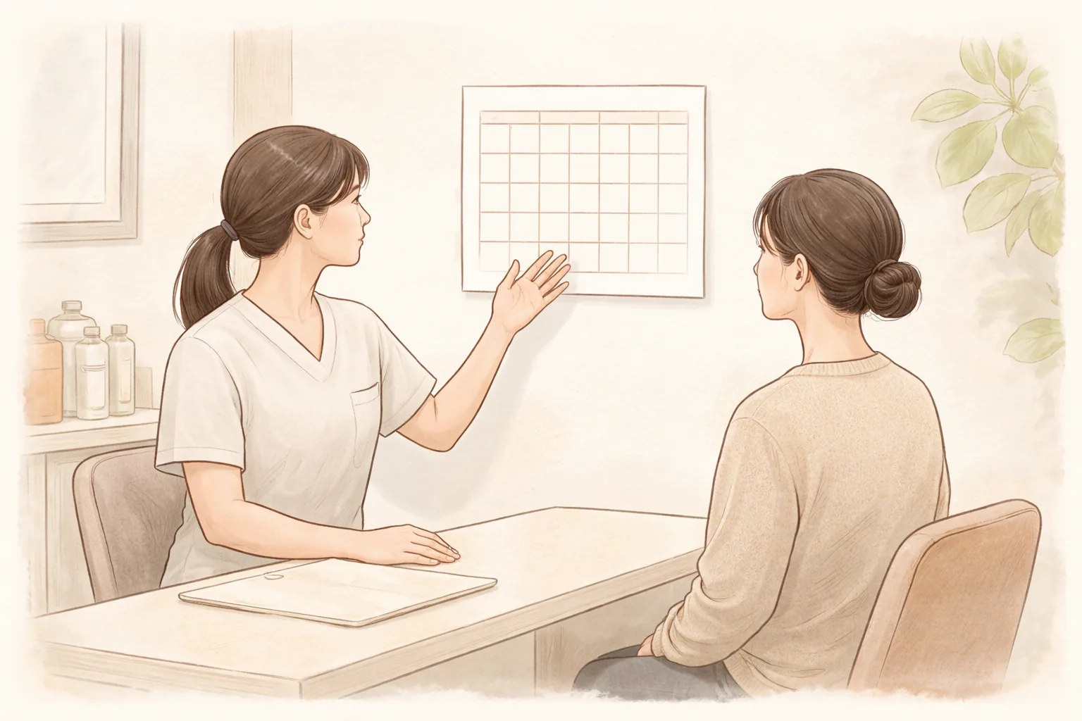 スタッフと患者が机を挟んで座り壁のカレンダーを見ながら話している様子