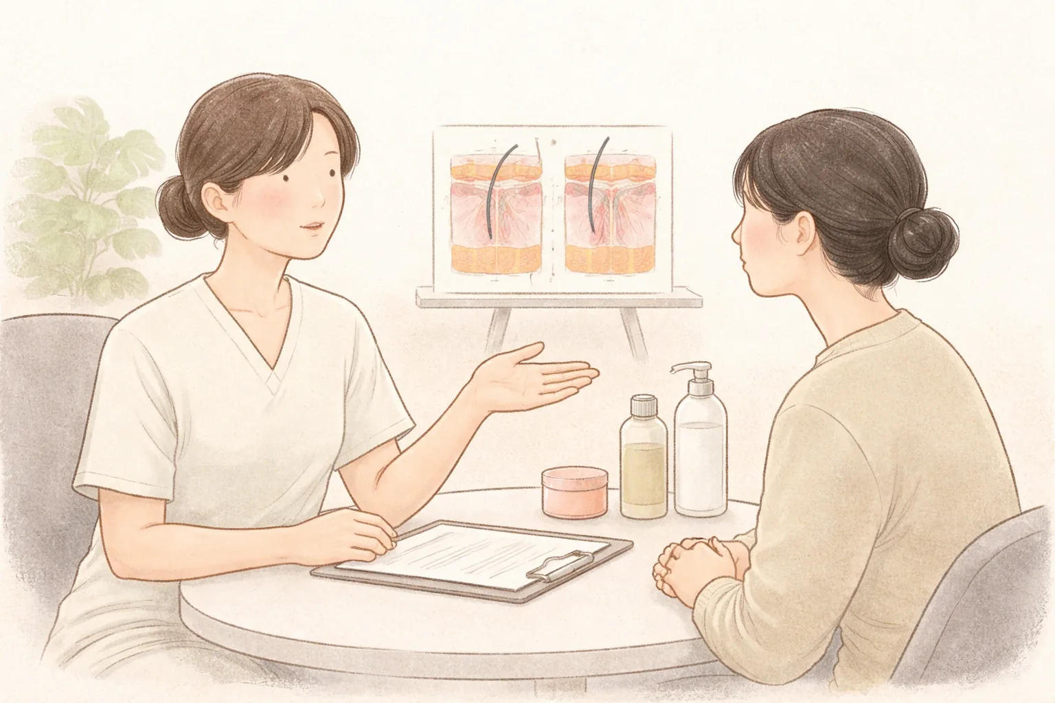 손바닥을 펴서 설명하는 의료진과 앉아 듣는 여성 두 명이 책상에 마주 앉아 있음