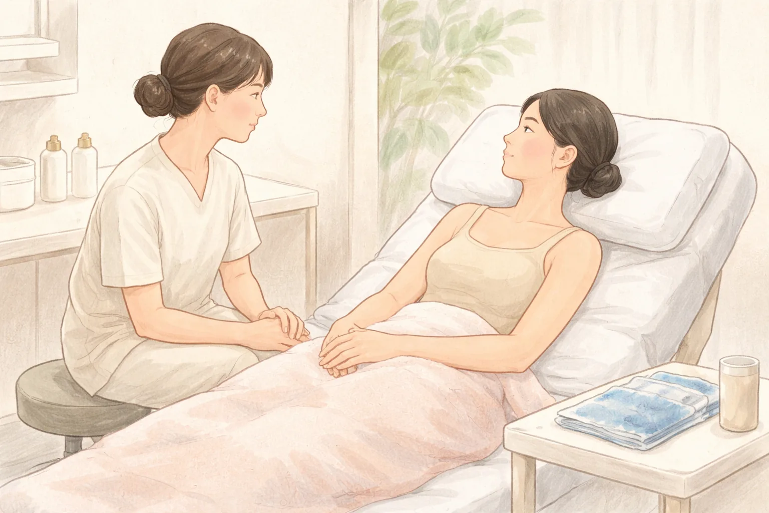 躺在床上的女性与向她说话的女性医疗人员