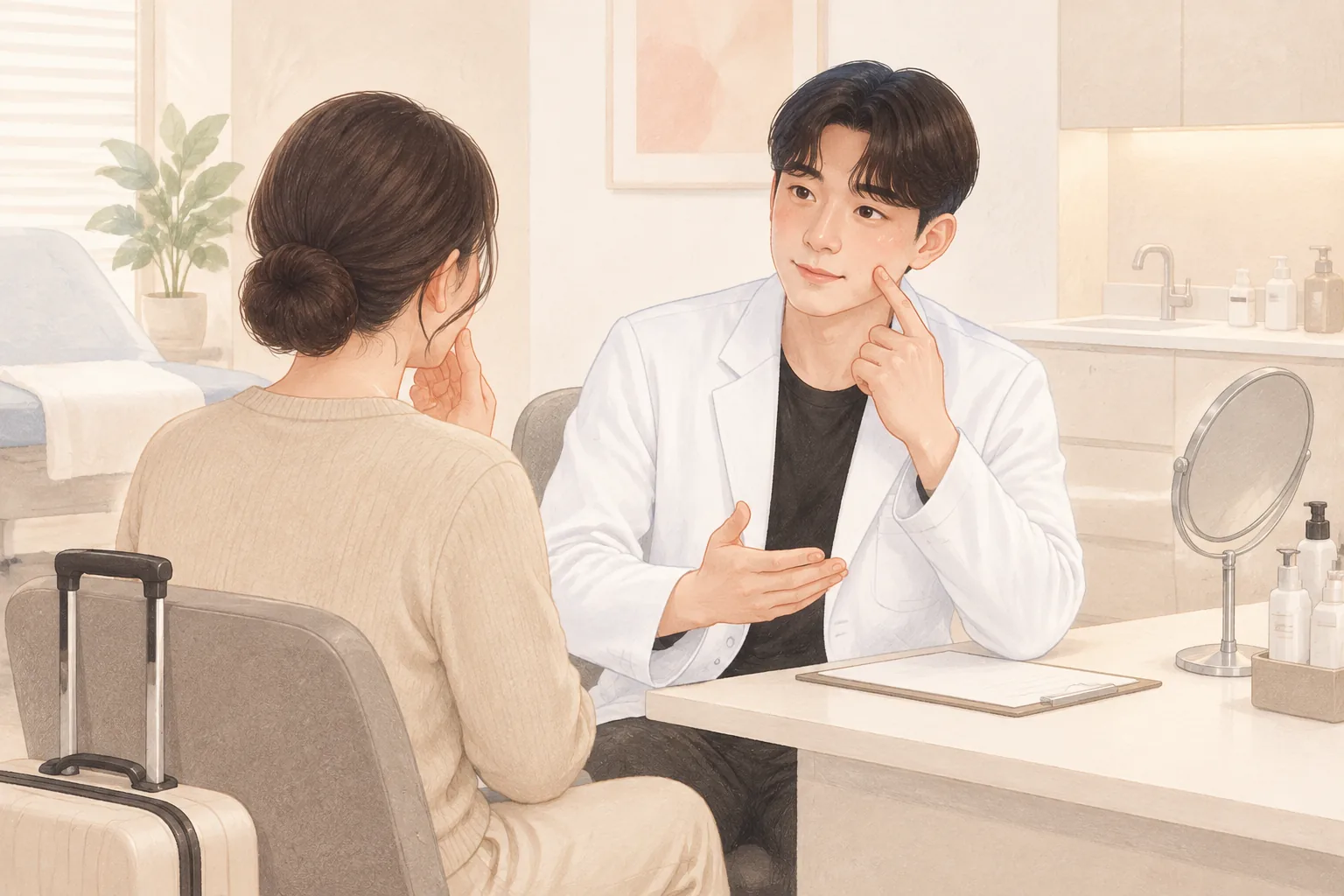 의사와 환자가 상담 테이블에 마주 앉아 얼굴을 가리키며 대화하는 장면