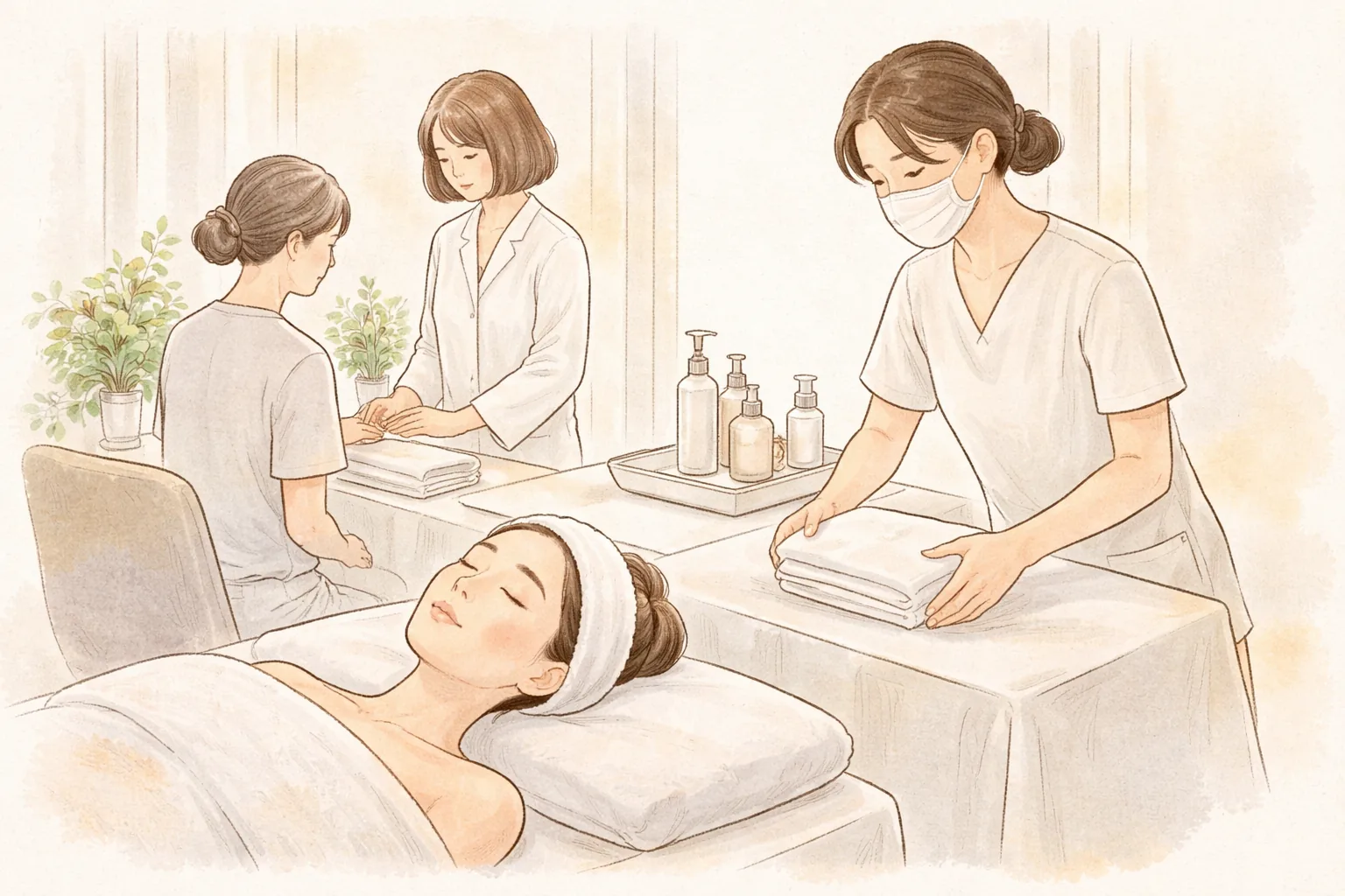 施術台に横になりヘアバンドをした女性と2名のスタッフ、1名はタオルを整えもう1名は立って片付けている