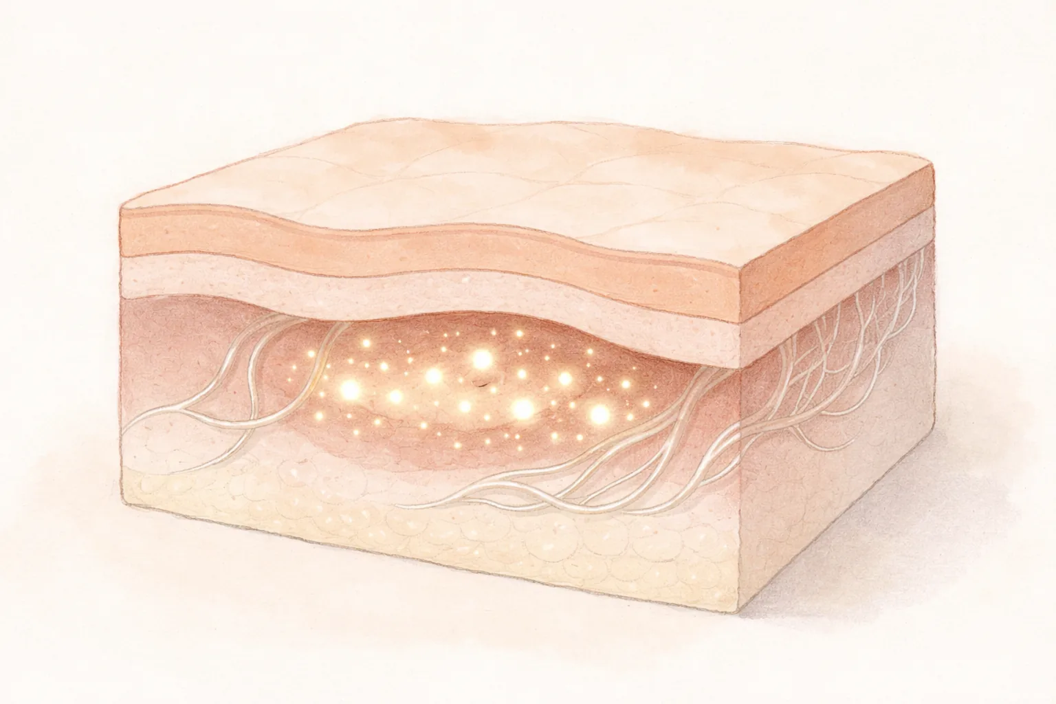Corte de piel con puntos brillantes en capas profundas y estructura de fibras de colágeno