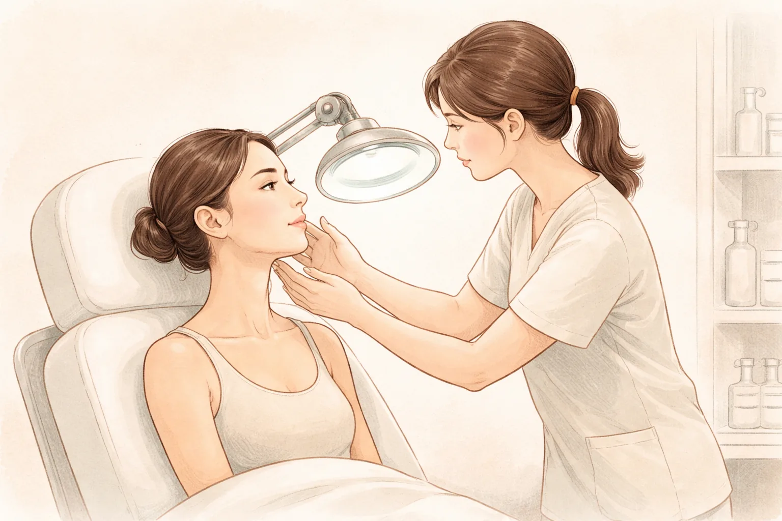 Profesional de salud revisando la piel de la mejilla de una mujer bajo luz de aumento durante la consulta