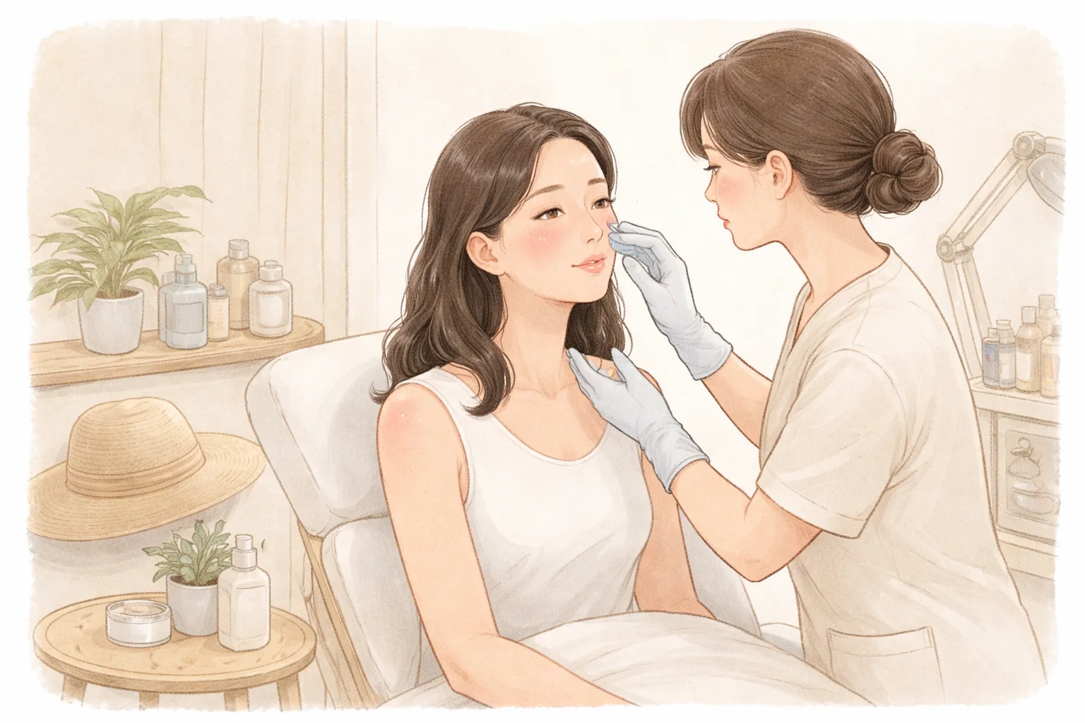 Profesional médico aplicando gel frío en el rostro de una paciente en el consultorio