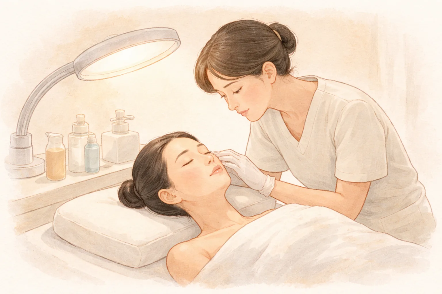 Tenaga medis memeriksa wajah wanita yang berbaring di bawah pencahayaan lembut
