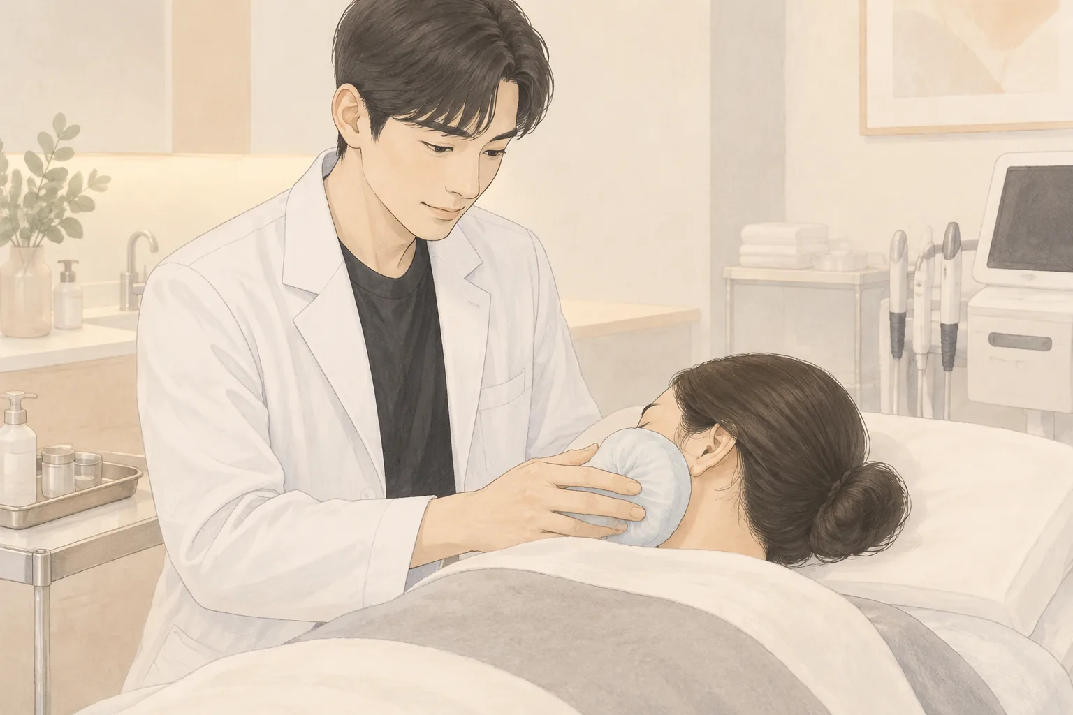 의사가 누워 있는 환자의 볼에 천으로 감싼 찜질팩을 대고 있음