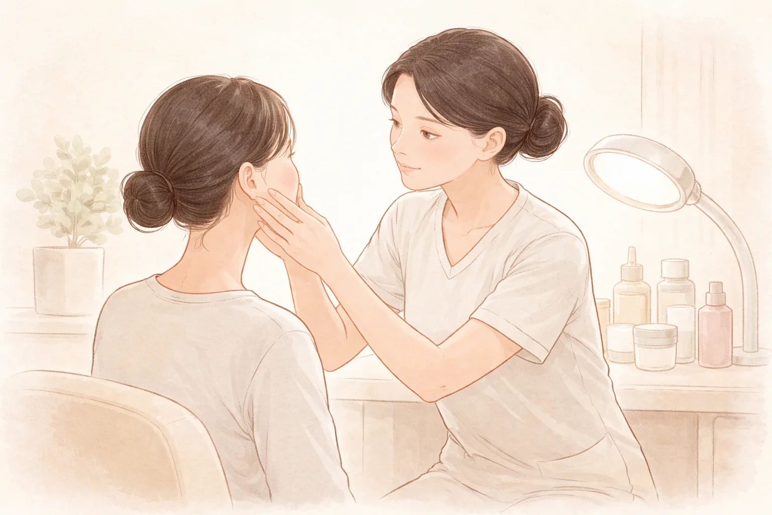 A female clinician examining the cheek of a seated female patient under soft lighting