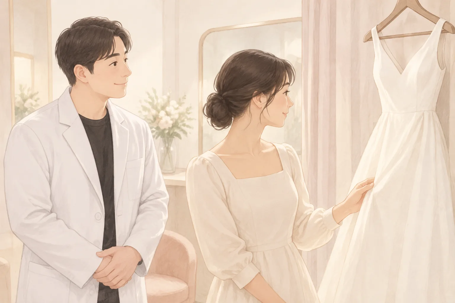 女性在婚纱旁触摸婚纱面料,男性站在一旁
