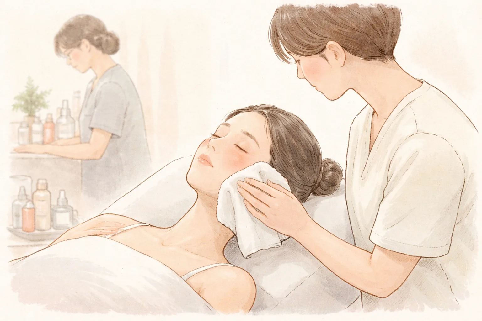 女性躺在床上,医护人员将冷毛巾敷在其面部,背景中另一人整理用品