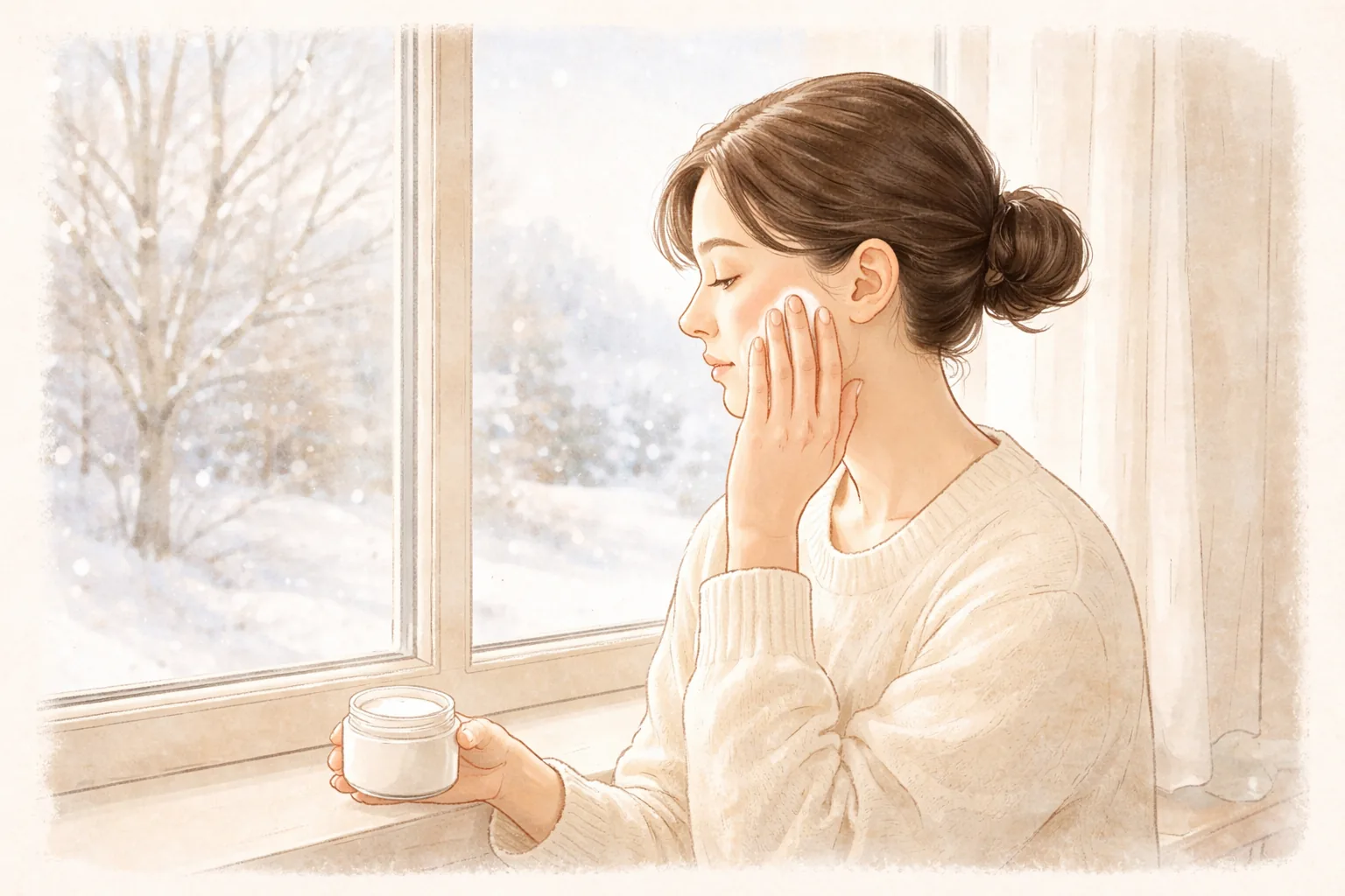 겨울 창가에 앉아 볼에 크림을 바르는 여성