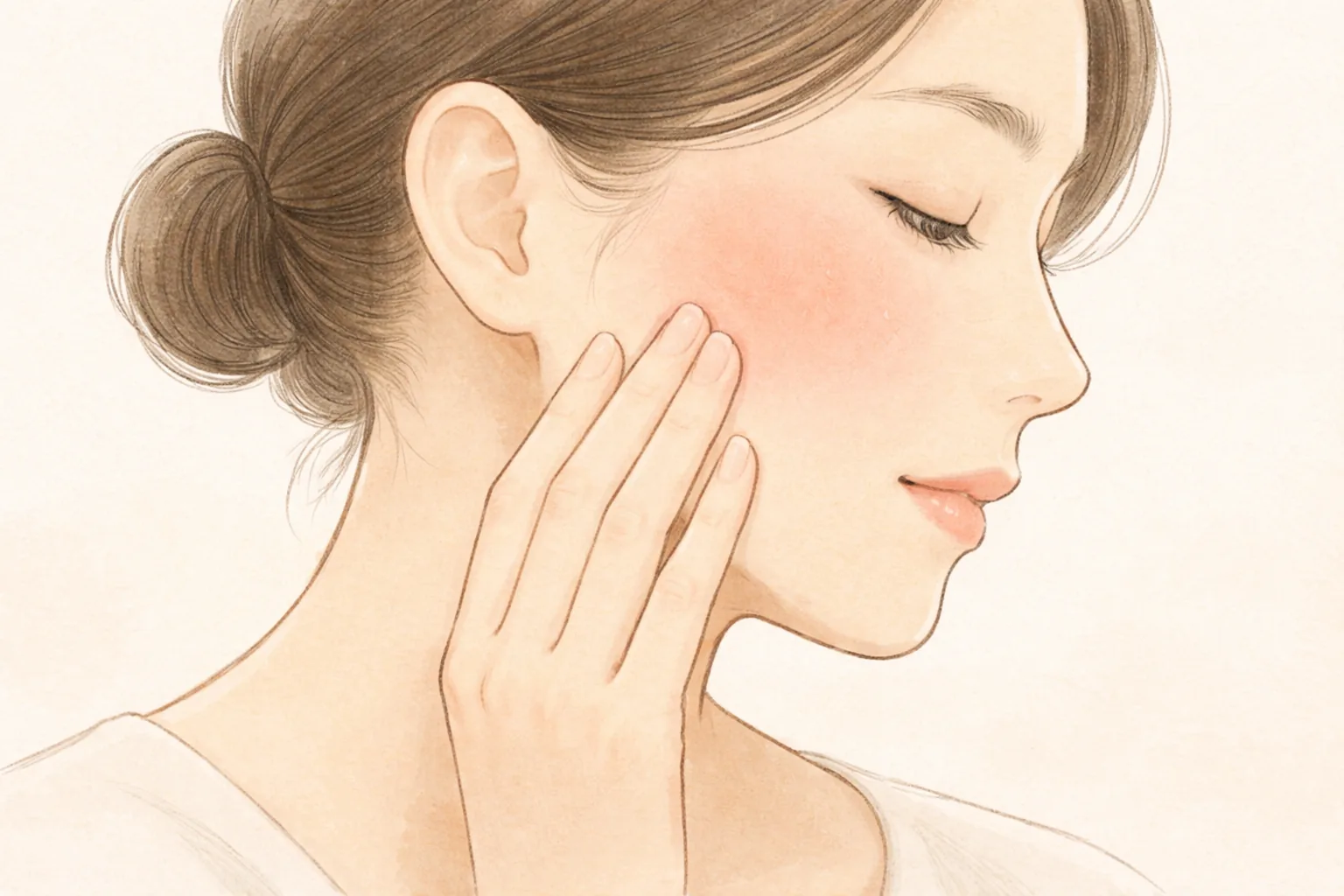 Woman with red cheeks touching her cheek with her fingertips in side profile