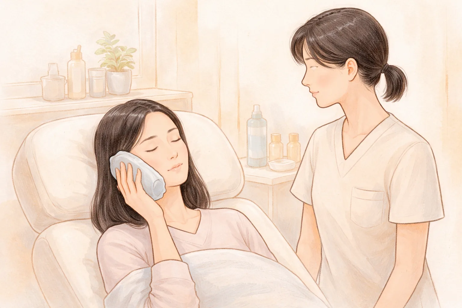 침대에 누운 여성이 천으로 감싼 얼음찜질팩을 볼에 대고 있고 옆에 간호사처럼 보이는 여성이 서 있음