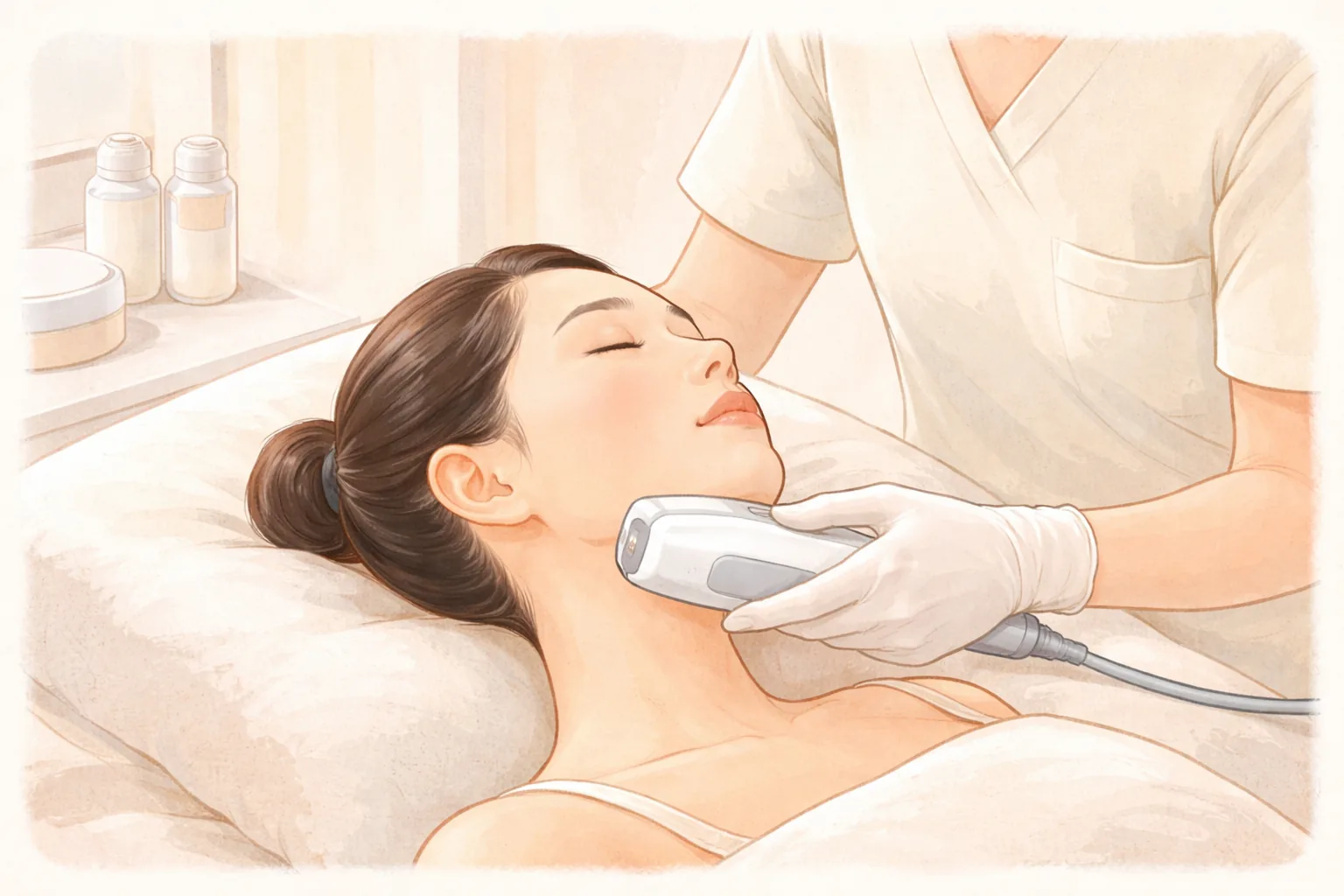 Woman lying on a treatment bed with a gloved clinician's hands using an ultrasound device