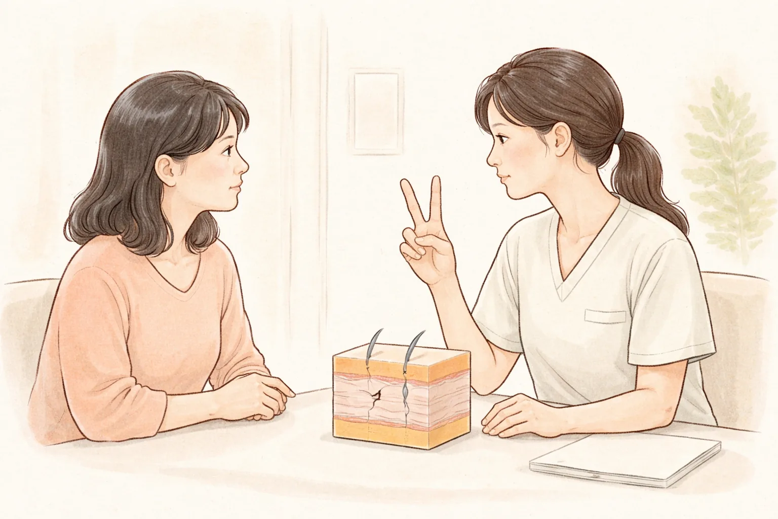 医务人员坐在咨询桌旁用两根手指比出间隔,女性在旁