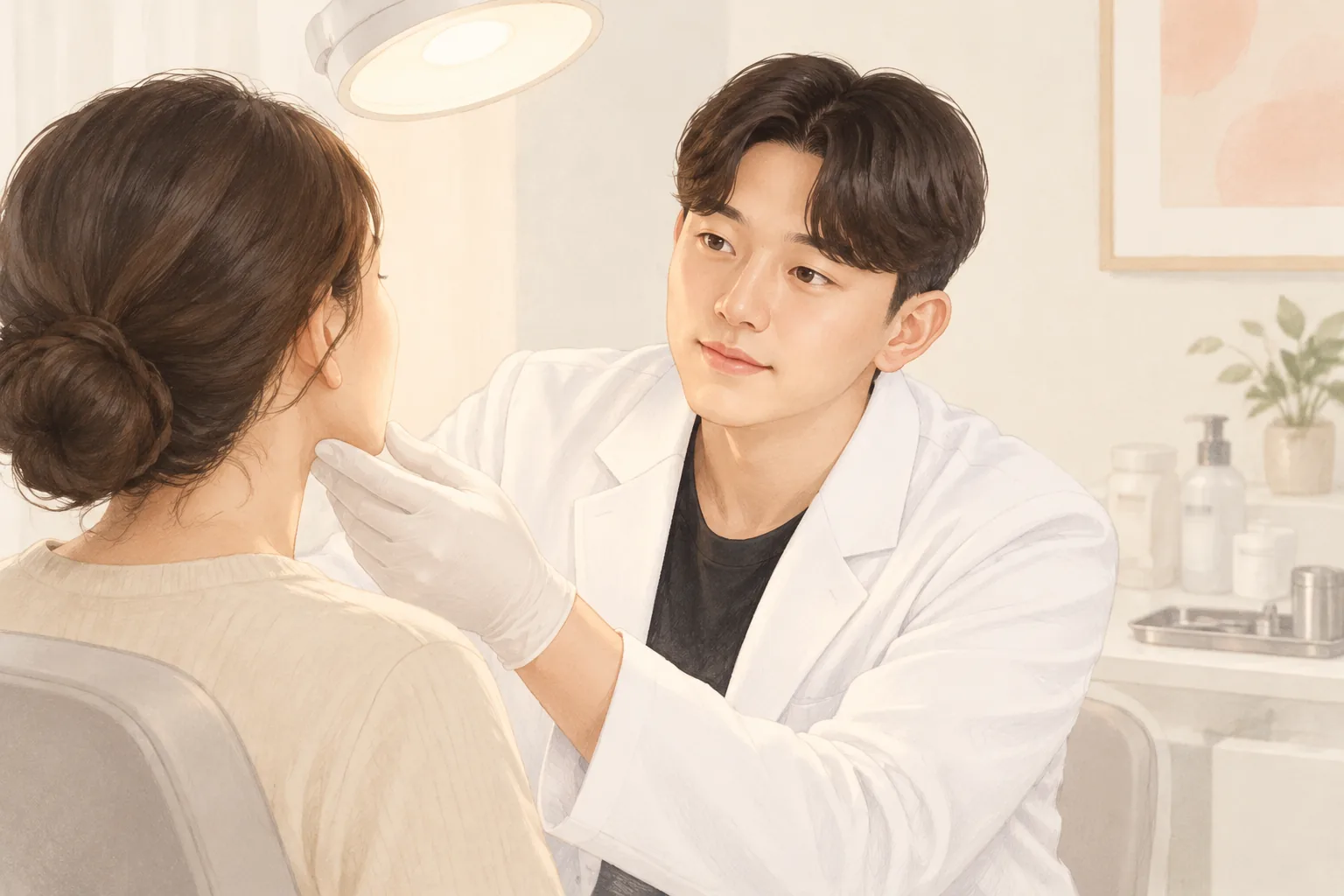 부드러운 조명 아래 흰 가운을 입은 남자가 여자 환자의 볼을 살피고 있음