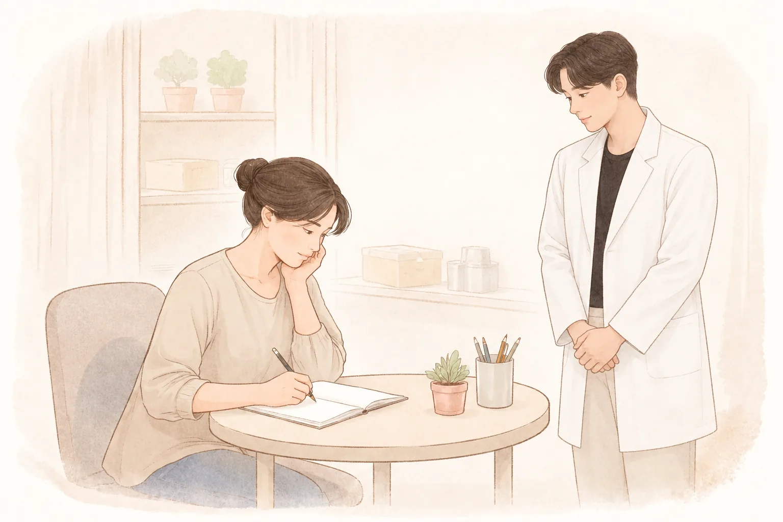 Female patient at a desk writing in a notebook and touching her cheek while a male doctor in a white coat watches