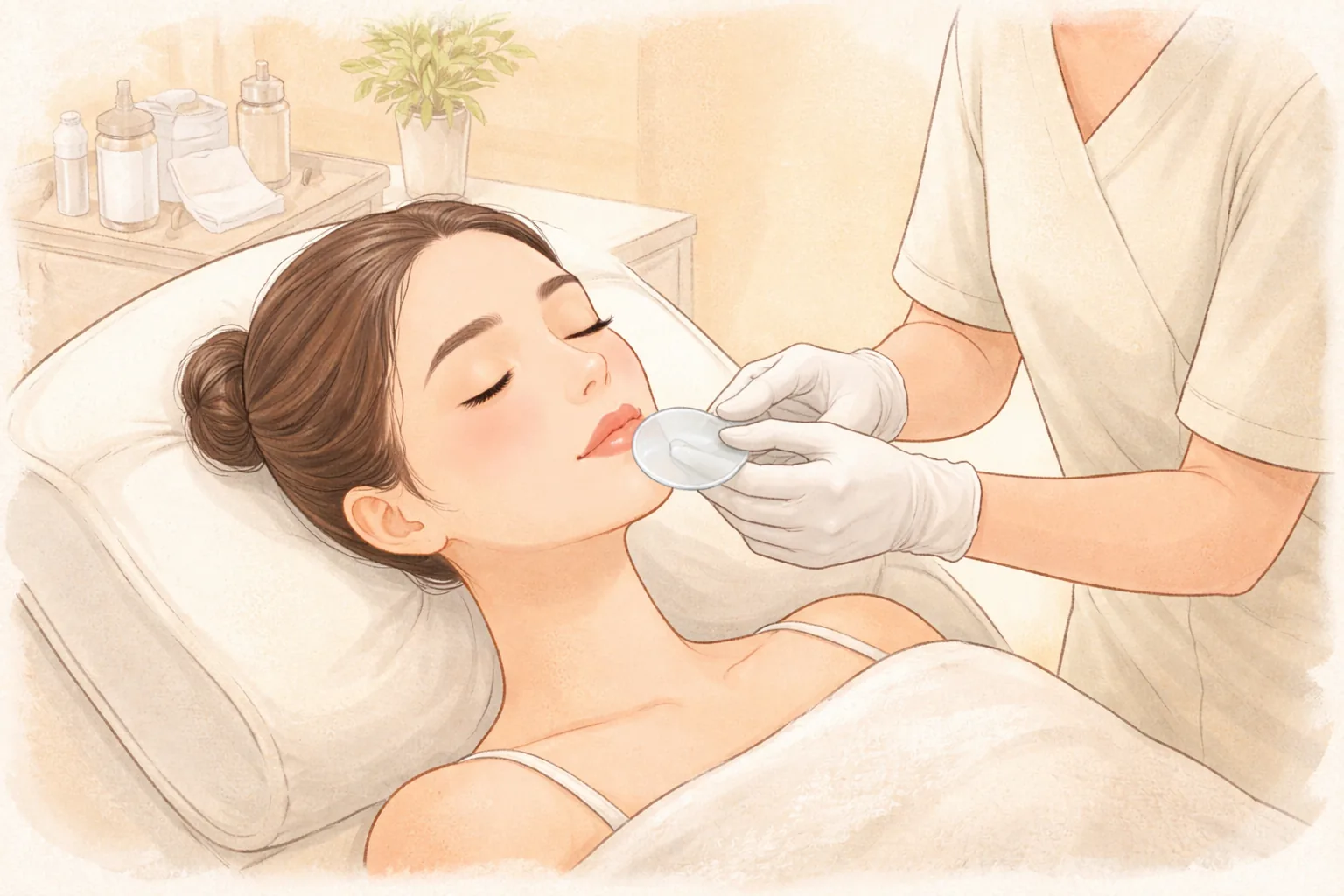 Woman lying on a treatment chair as a gloved clinician places a gel pad near her lip