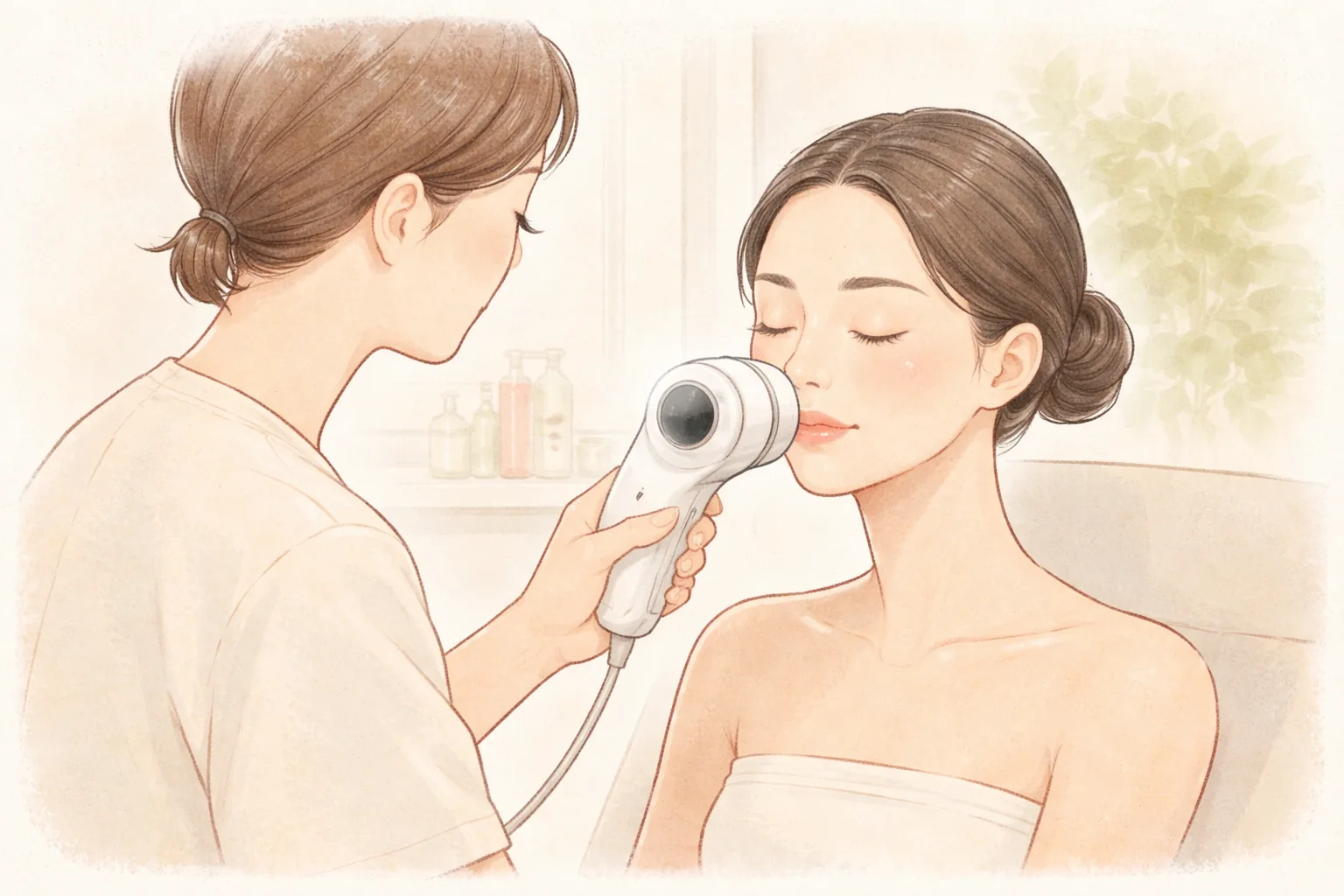 醫療人員以皮膚分析相機對準女性臉頰