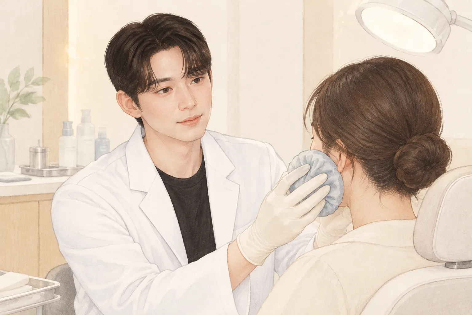 장갑을 낀 남자가 천에 싼 아이스팩을 여성의 볼에 대고 있음