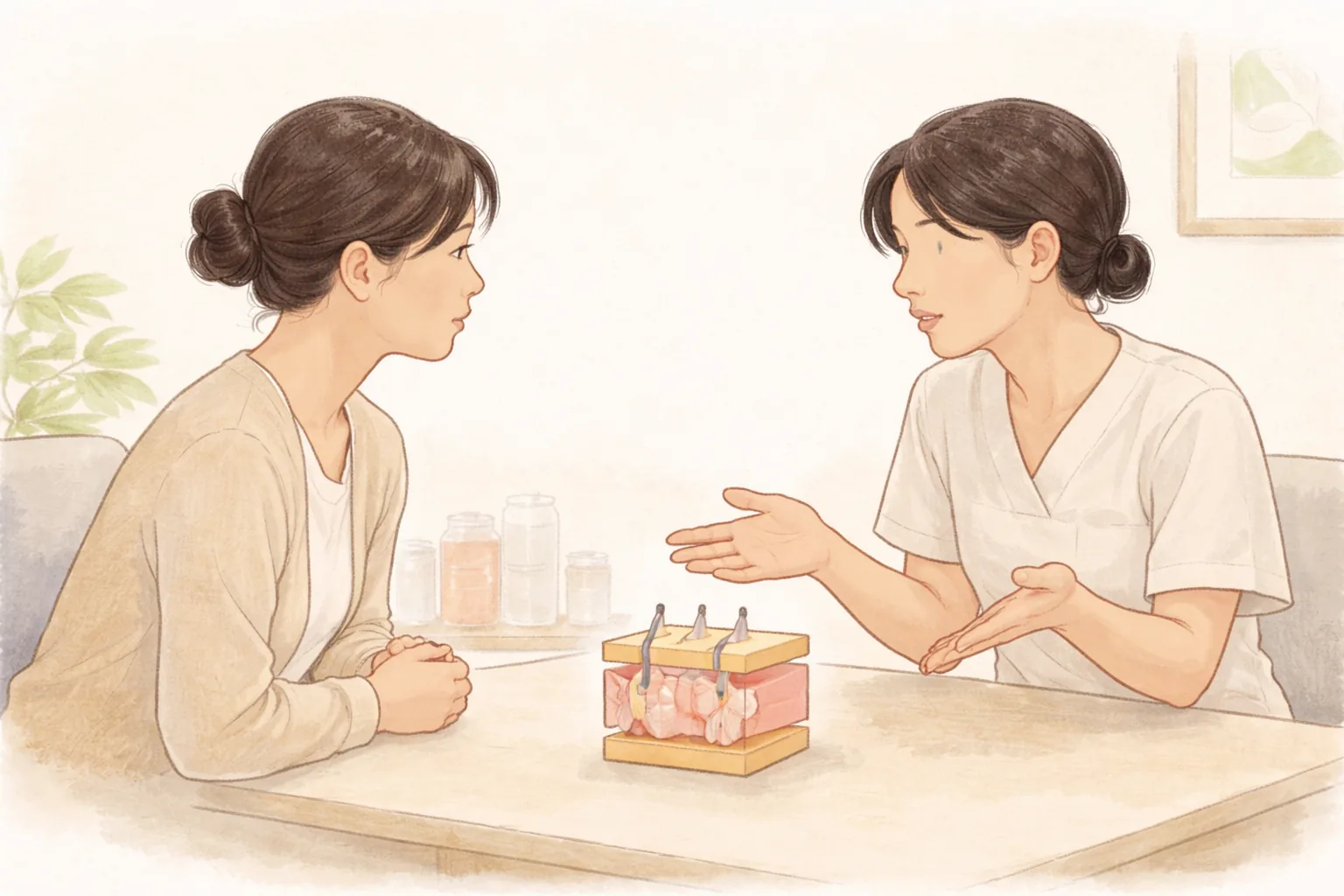 桌子两侧,医生与女性患者相对而坐面诊