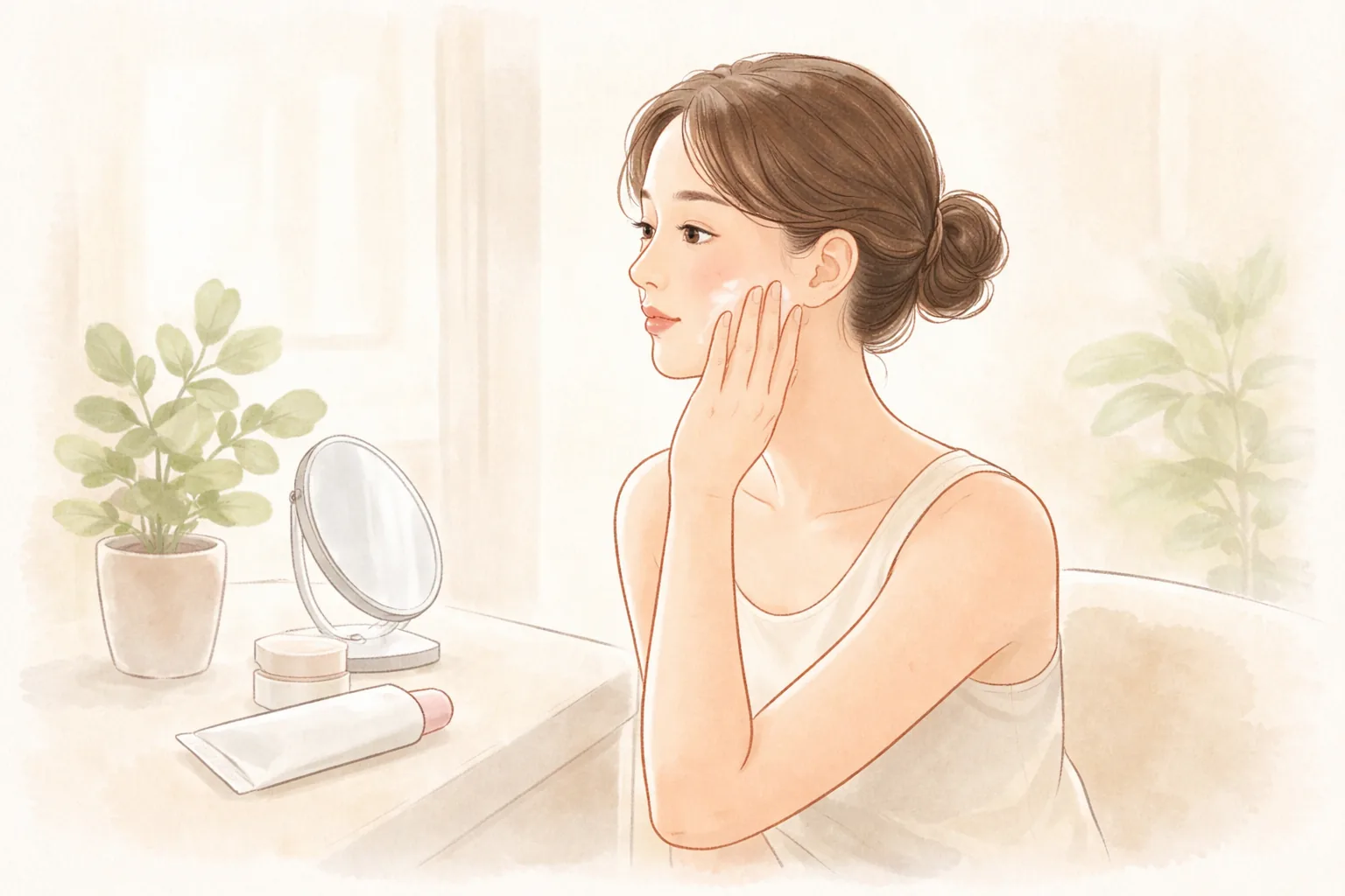 女性在鏡子前用手將保濕產品塗在臉頰上