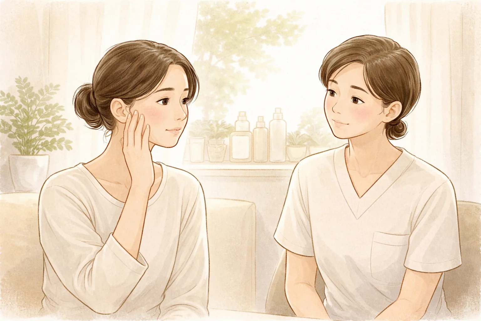 女性が頬に手を当てており、医療スタッフが横で患者を注意深く見ている様子