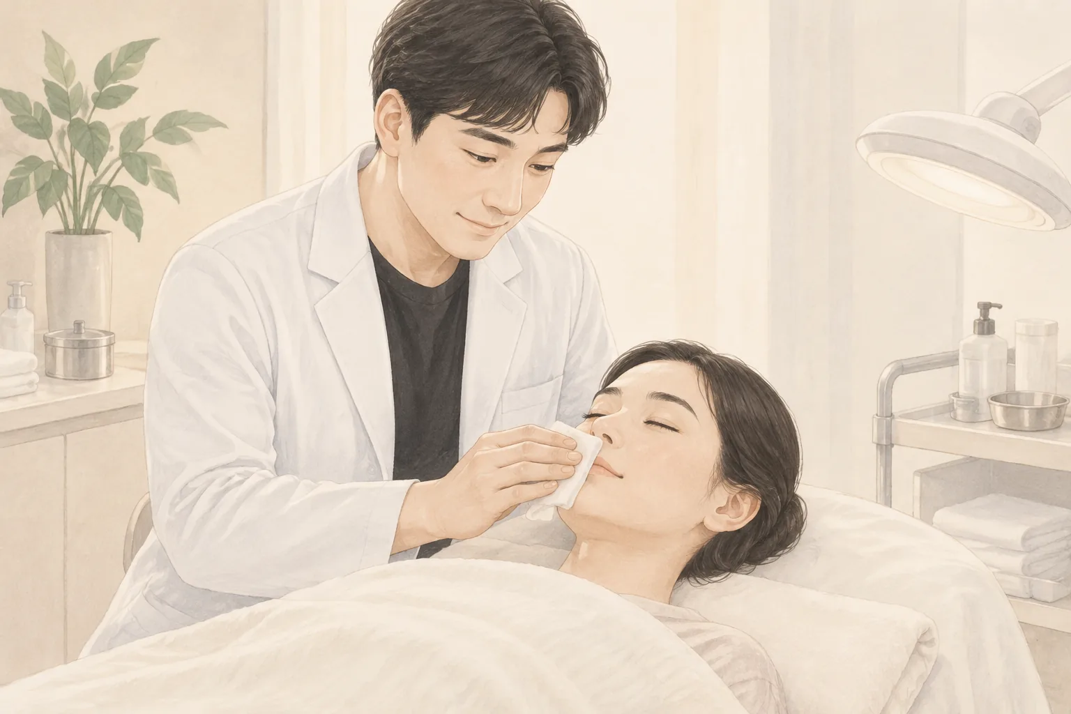 Male staff holding a cool gauze to a patient's cheek while she closes her eyes