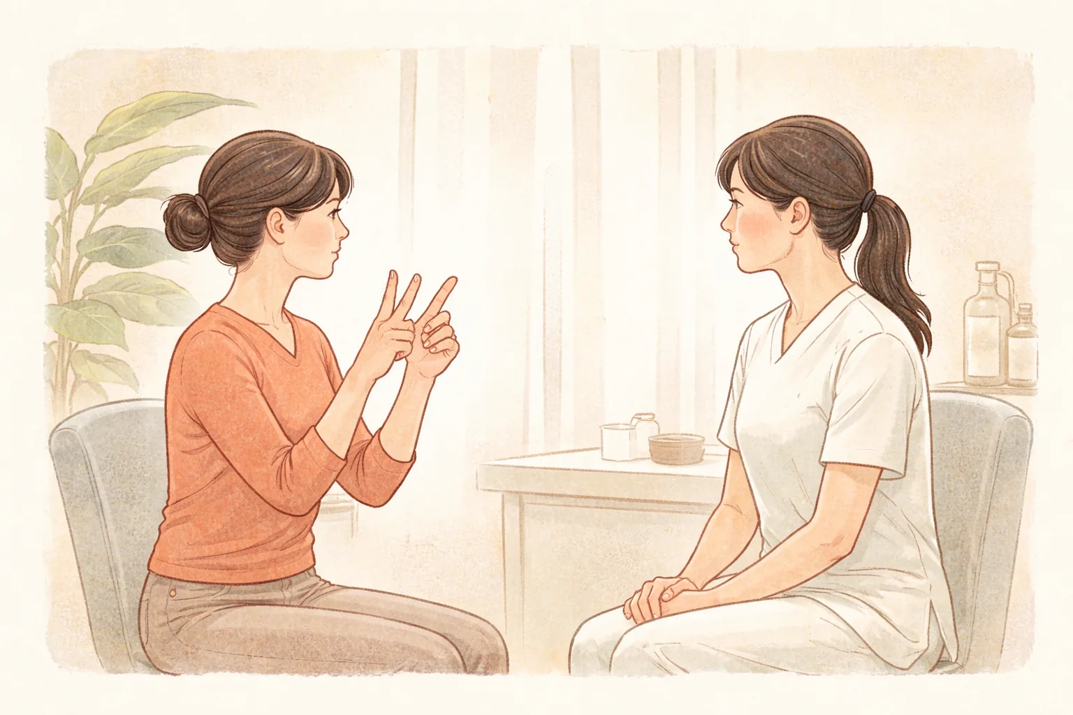 指で回数を数えながら相談する女性と、医療スタッフ2人が向かい合って座っている