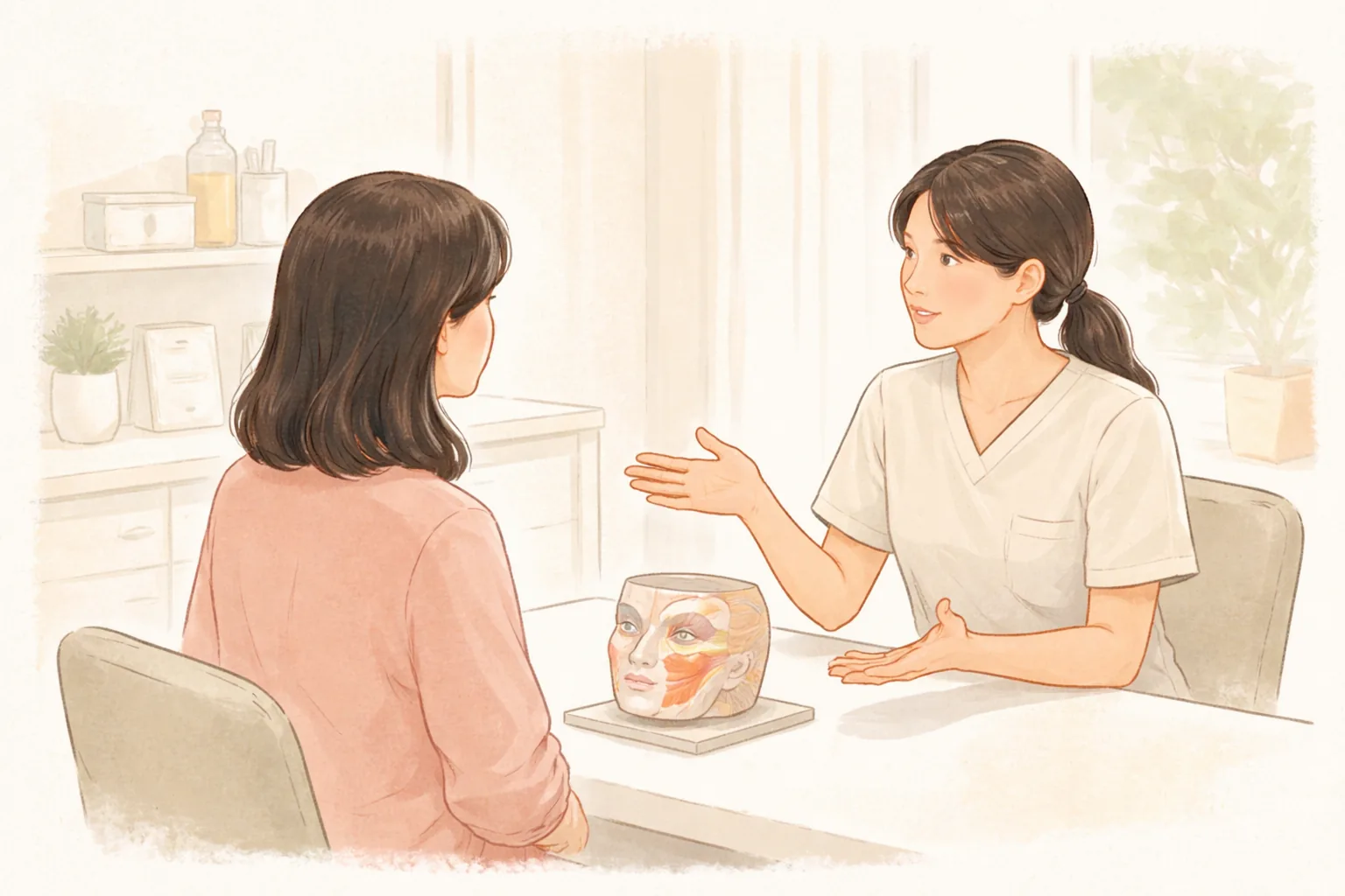 医务人员和女性坐在桌前对着面部模型交谈
